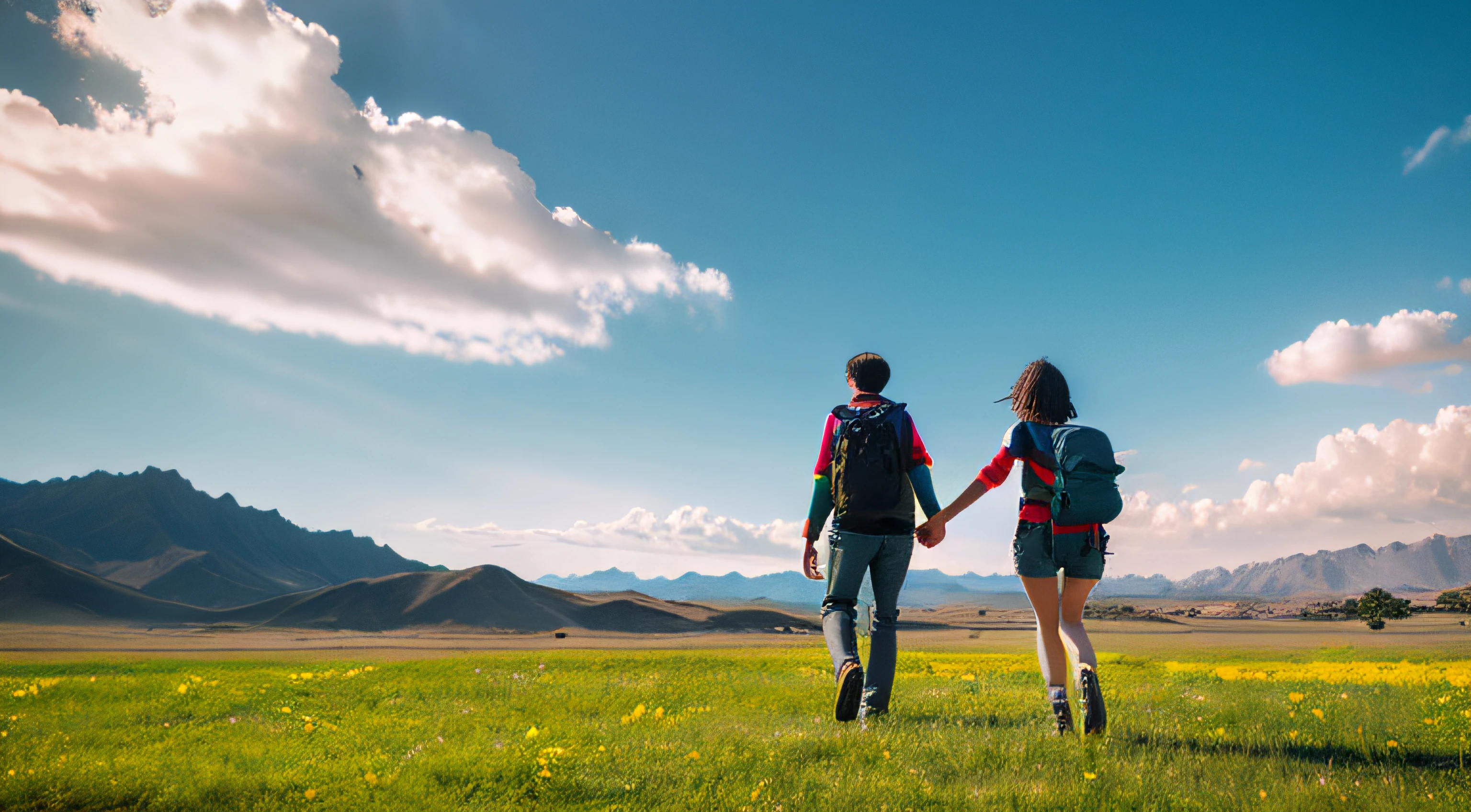 The vast sky, beautiful skyline, large grasslands, extremely tense and dramatic pictures, moving visual effects, the high-hanging Polaris, and colorful natural light. Long-sleeved top, denim shorts, and a girl with a backpack.