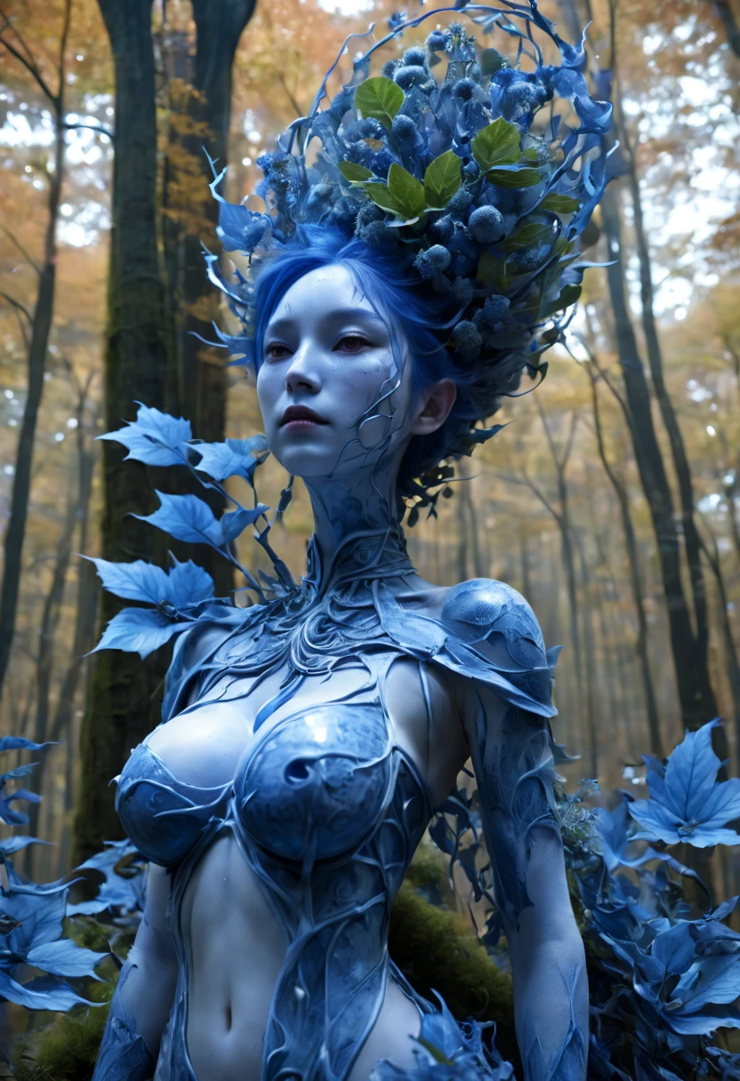 white dragon plant girl,(1个Giant Breast Girl:1.1),A girl made of dead blue plants,outdoors in the forest,in fall,