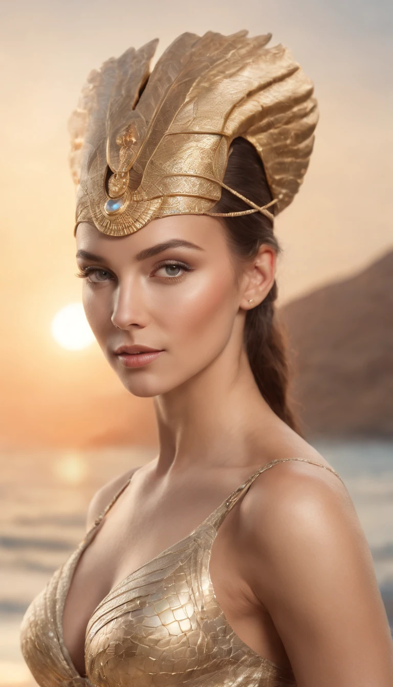 hyper realistic, ultra detailed photograph of an woman with in futuristic headdress inspired by an ancient Egypt queen, Cleopatra, slightly brown skin, snake, gold, silver, stones, scarab beetle, microchips, integrated electric circuits, natural tits, dark hair, ((Jade ocean:1.25)), golden jewelry, golden underwear string, shiny, sunlight fractal details, (Anna Steinbauer:1.5), depth of field, HOF, hall of fame, detailed gorgeous face, beach with a warm sunset, natural body posture, professional photographer, captured with professional DSLR camera, ((from behind), ((back view)), trending on Artstation, 64k, ultra detailed, ultra accurate detailed, bokeh lighting, surrealism, Thomas Kinkade background, urban, ultra unreal engine, ((Pauline Voß)), ((Pascal Quidault)), ((Anna Helme)), Martina Fackova, intricate, epic, freckles, peach fuzz, detailed mascara