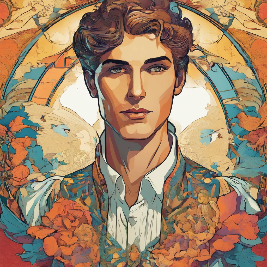 Retrato de perto de um anjo masculino, d & d, rosto, fantasia, intrincado, elegante, altamente detalhado, pintura digital, art-station, arte conceitual, liso, foco nítido, illustration, Arte de Artgerm e Greg Rutkowski e Alphonse Mucha