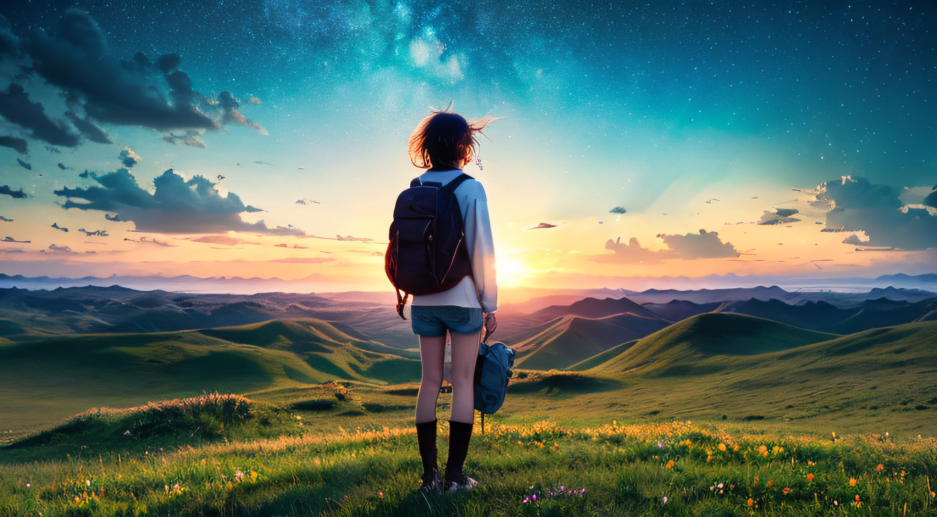 The vast sky, beautiful skyline, large grasslands, extremely tense and dramatic pictures, moving visual effects, the high-hanging Polaris, and colorful natural light. Long-sleeved top, denim shorts, and a girl with a backpack.