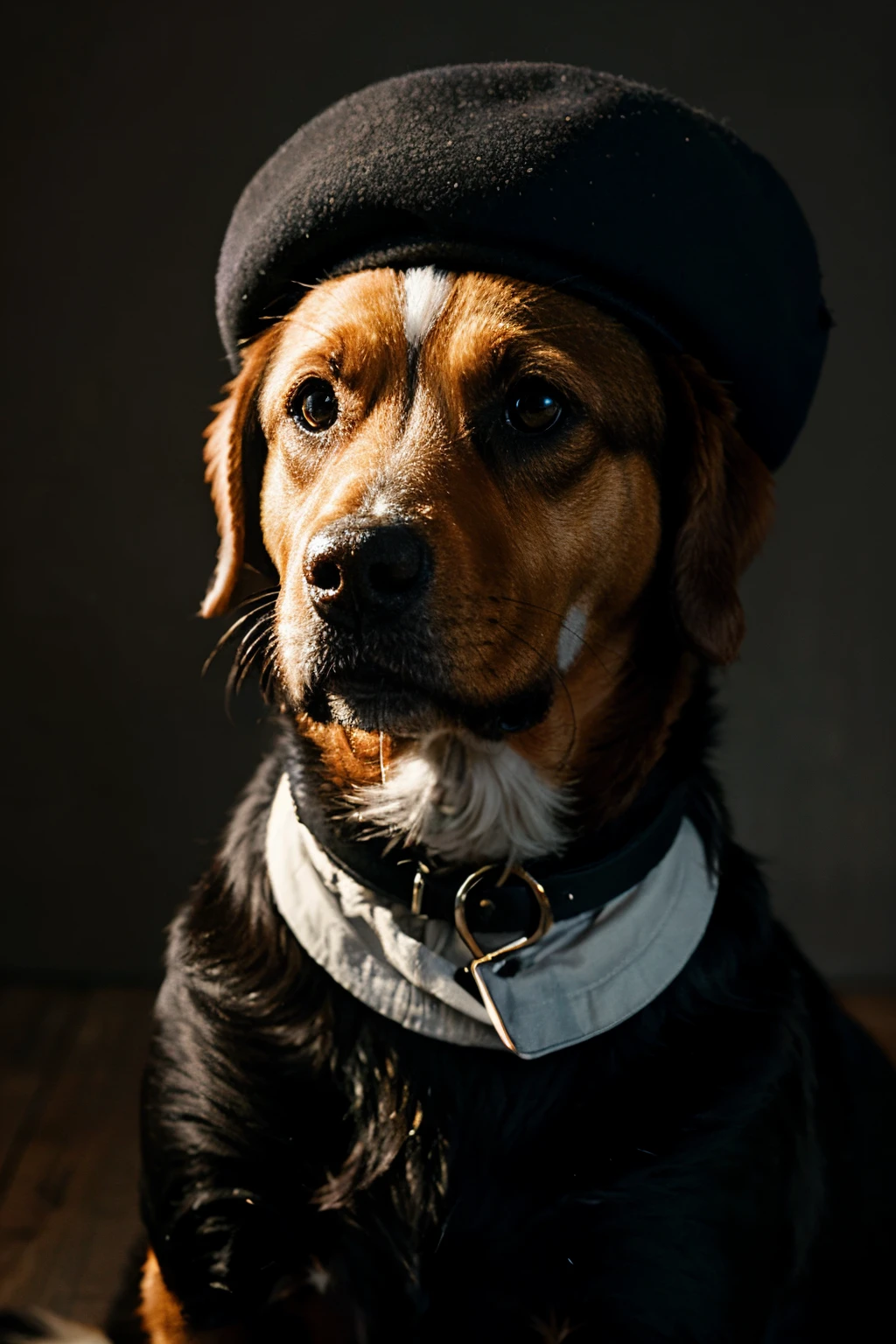 make the dog wearing a black beret and make the whole picture look like an oil painting, stylish and classy