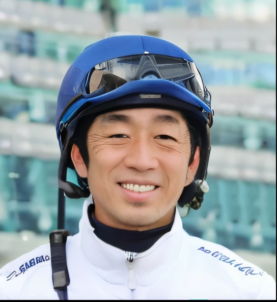 Arafed jockey wearing a white jacket, blue helmet and goggles, photo of breeze kaze, macoto takahashi, shichiro kobayashi, masahiro ito, tomohiro shimoguchi, hiromasa ogura, keita morimoto, nico tanigawa, minaba hideo, takayuki takeya, yoshifumi ushima