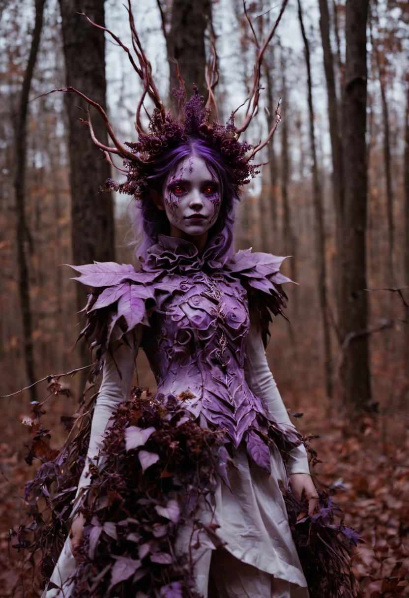 white dragon plant girl,(1girll:1.1),Girl made of dead purple plants,outdoors in the forest,in fall,