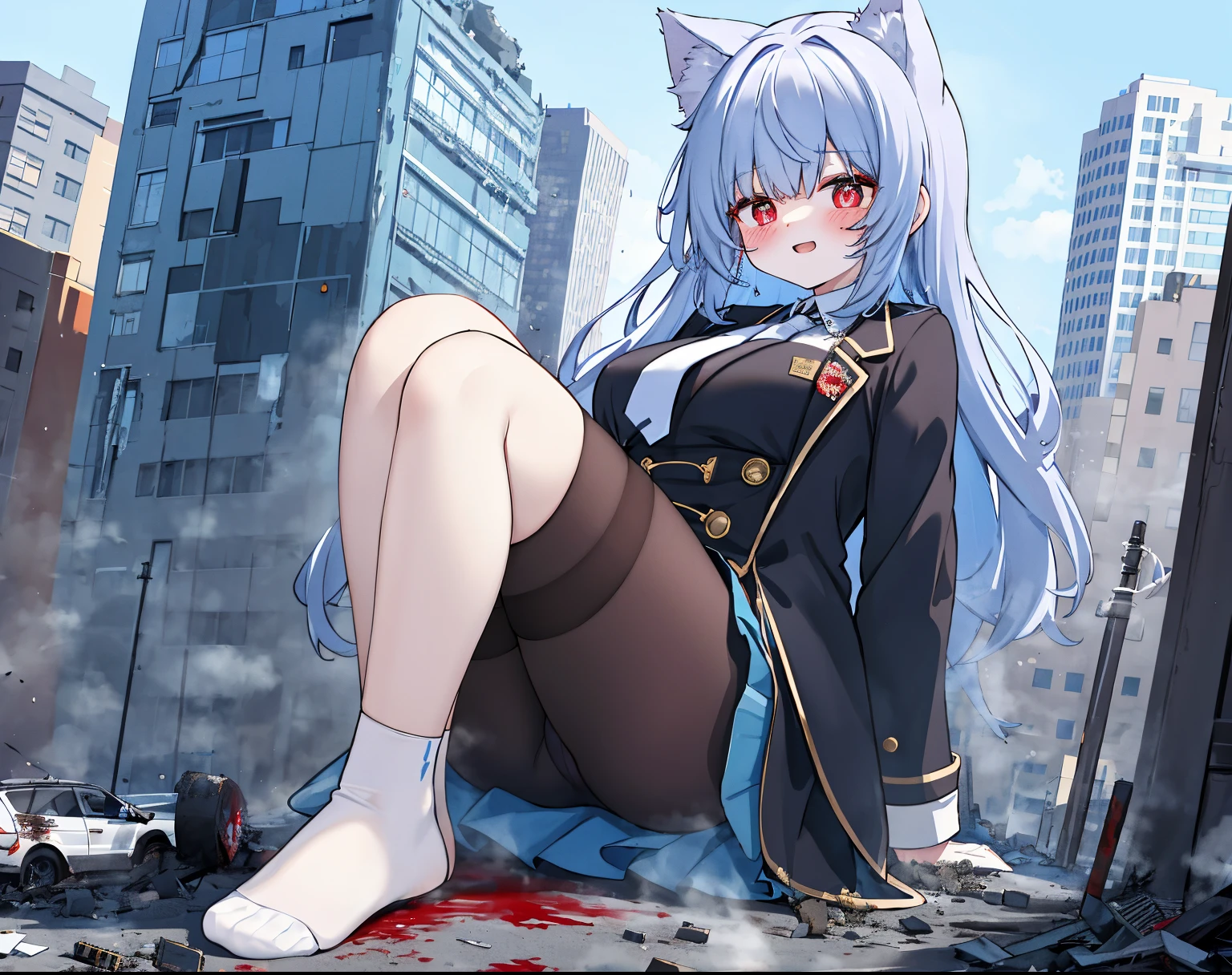 1个Giant Breast Girl, 16 yaers old, Full body lesbian,100 meters tall girl， Bigger than a building,no shoe，Black jacket with white shirt ，a blue tie，brunette color hair，Wolf ears，Light red eyes，A cold expression， Destroyed buildings, Sit on a destroyed building，Put one foot on the car，The one who was trampled to death，There was blood on the ground，Blood adhesions，The socks were stained with blood，GTSC city, as a giantess, Bright pupils, ssmile, naghty face, 16k, high qulity, high detal, Anatomically correct, ctextured skin，Steam coming out of feet，