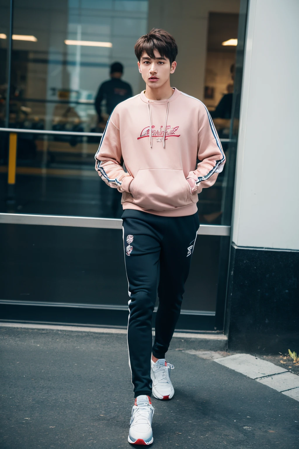 Fashion sweatshirts, fitness jackets, men's sweatshirts, casual fashion, front view, hyper-realistic photography, commercial photography, hyper-realistic, ultra-high definition, LS, high definition 8k --ar 16:9 --s 750 --v 5.1