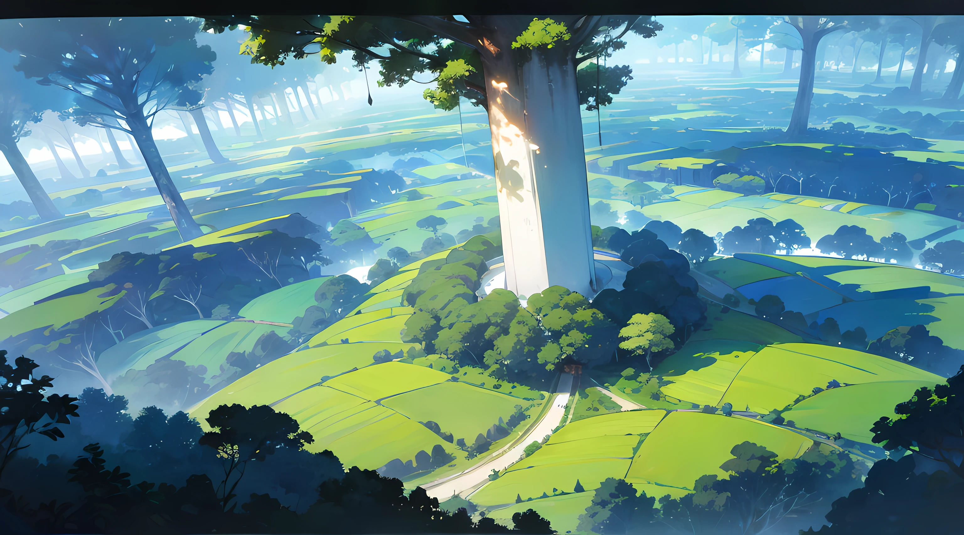 vast rainforest, tall trees, greenery, huge trees, beautiful blue sky, beautiful sunlight, distant view, looking from above, amazing scenery, amazing visuals, beautiful anime artwork, ultrasharp, masterpiece, high res, 8k