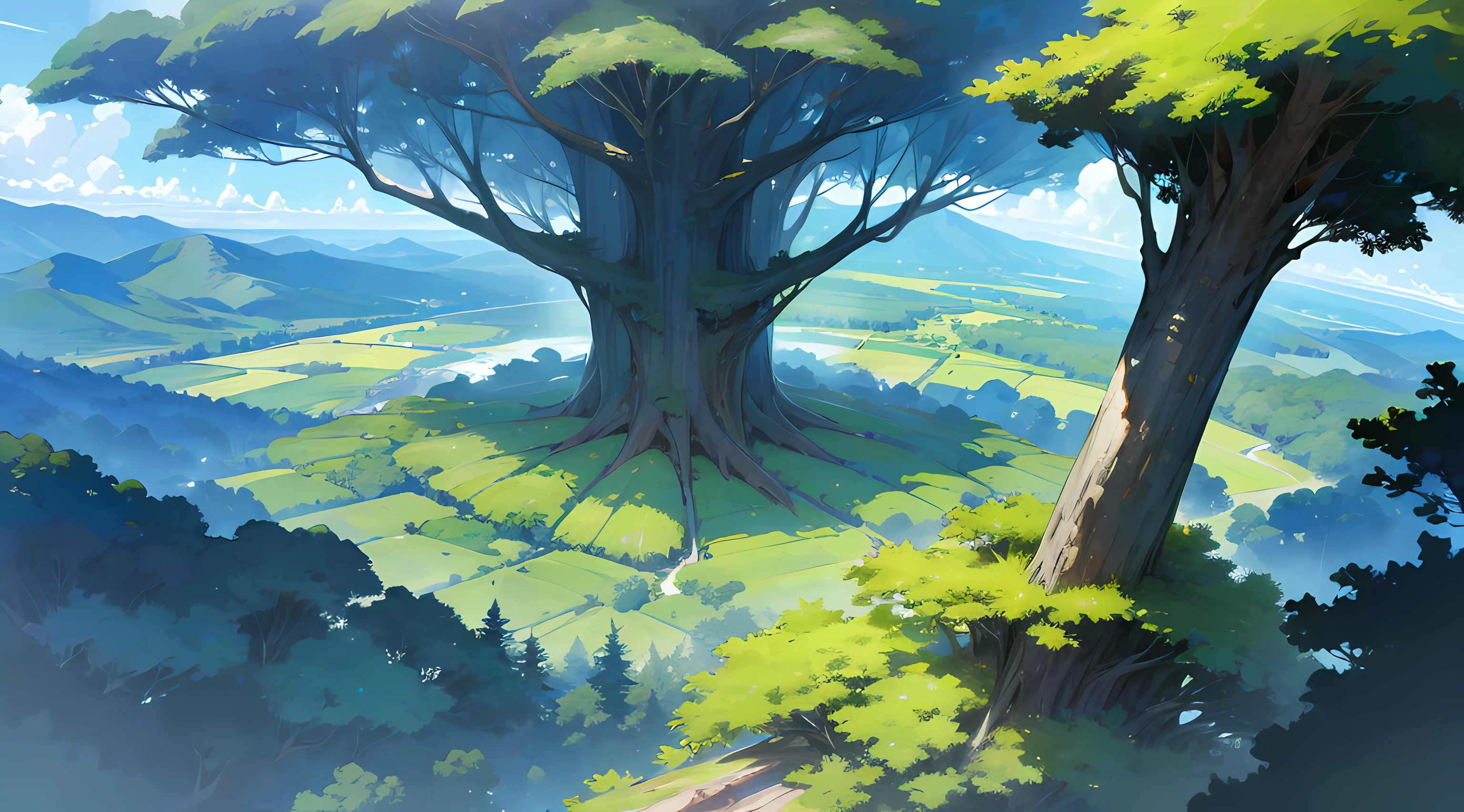 vast rainforest, tall trees, greenery, huge trees, beautiful blue sky, beautiful sunlight, distant view, looking from above, amazing scenery, amazing visuals, beautiful anime artwork, ultrasharp, masterpiece, high res, 8k