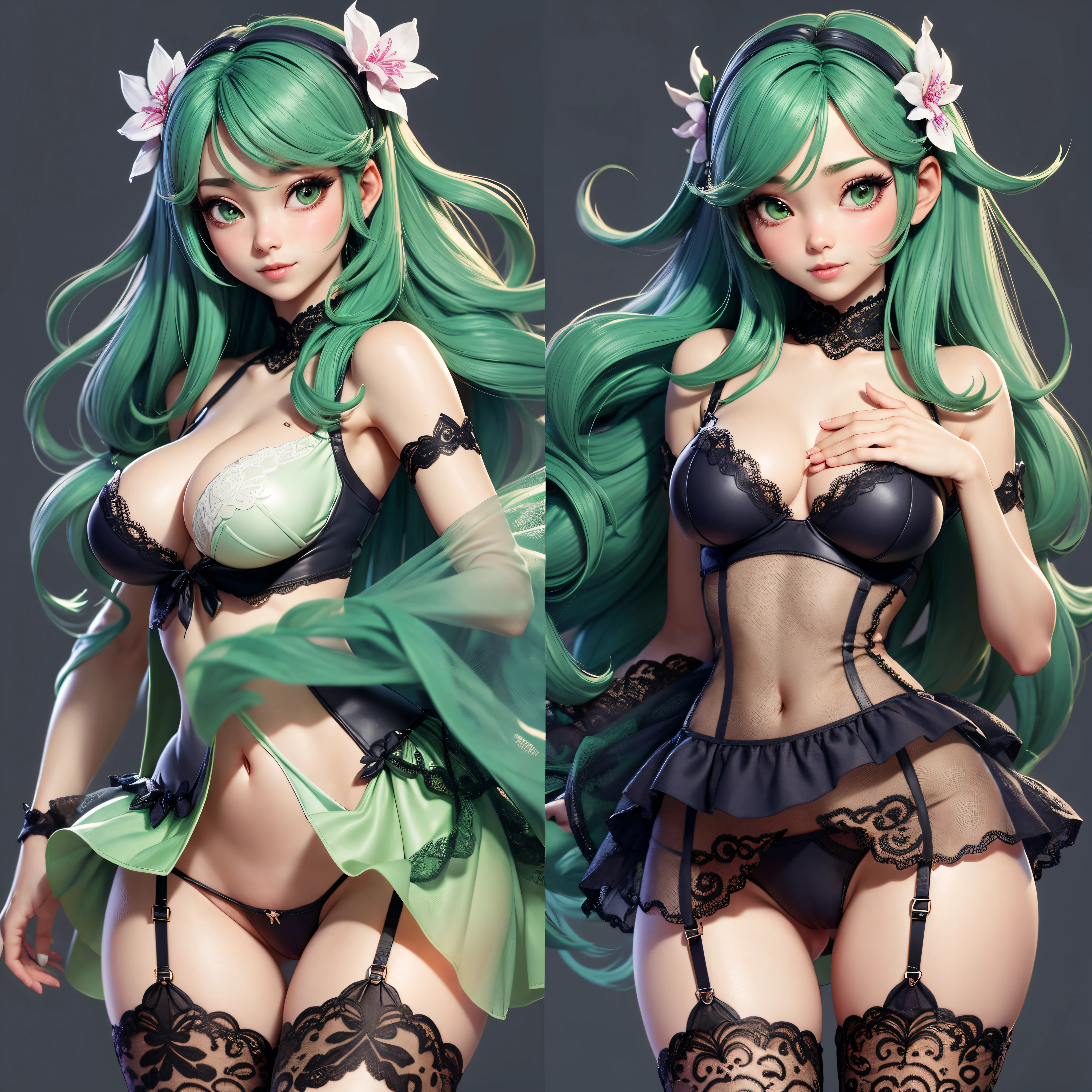 3DMM Style, (masutepiece, Best Quality), Intricate details, 1girl in, Solo, Green hair, flower hair clip, Green dress, Looking at Viewer、Full-body figure、simple background、Standing、(skirt rift)、(Skirt lift in high winds)、(Lace pantie)、((Total lace panties))、Detailed lace panties、(I can see my panties)、((The pants are quite transparent))、((Through the pantiesオマンコ))、Very realistic body、(extremely lifelikeオマンコ)、 Papillae visible through clothes、(Camel toe through panties)(I can see panties)、Through the pantiesオマンコ、 nipples visible through the dress、Areolas are protruding from the dress、(protruding areola,)、Cameltoe、(オマンコPanties that bite into)、(Panties are biting into)、distinct camel toe、Through the pantiesオマンコ、I can see the pussy line