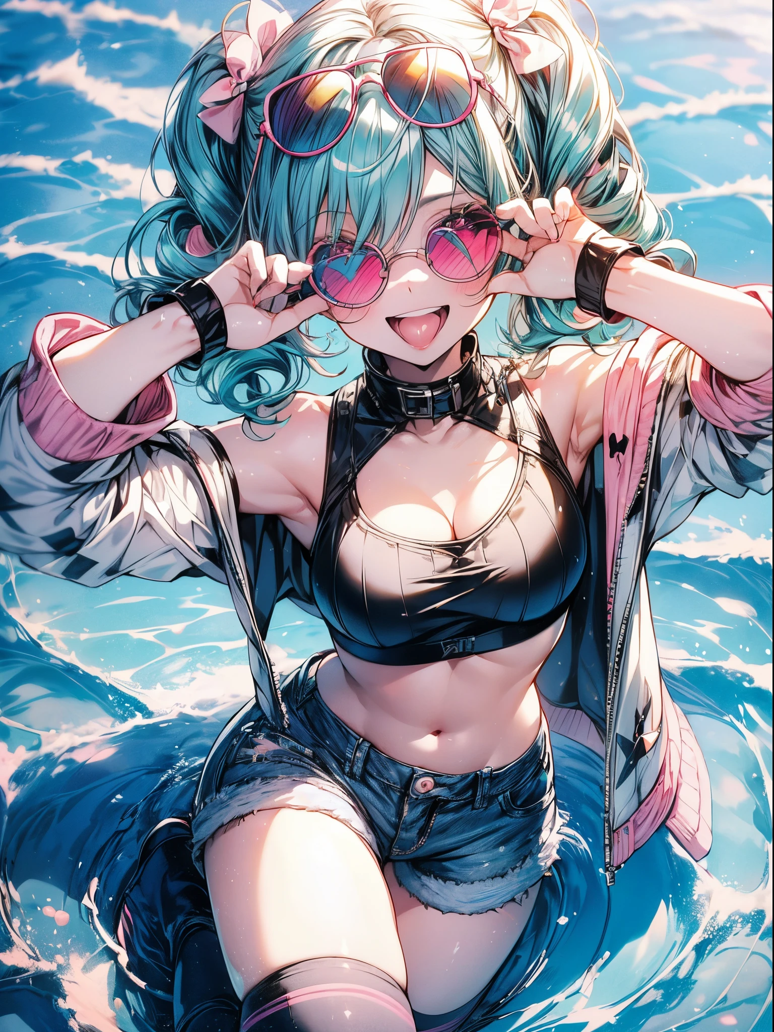 absurderes,Best Quality,Insanely detailed, American Pop Theme ,vibrant colors,1 cute lovely girl,Cute smile,Peace,(short drill twin tails:1.2),(aqua hair,Pink eyes:1.2),(Round sunglasses,Pink Lens :1.2),(Smile with   wink :1.2),croptop,large boob,cleavage,navel stomach,Denim Micro Hot Pants,black and white striped over knee highs,sparkly eyes,Beautiful and detailed eyes,gleaming pale skin,(from above:1.2),put hands on the hip,raise your hands peacefully,(learning forward:1.2),splash,Summer lighting,Cinematic Angel,(,Hyper realistic, Perfect Anatomy, Perfect five fingers