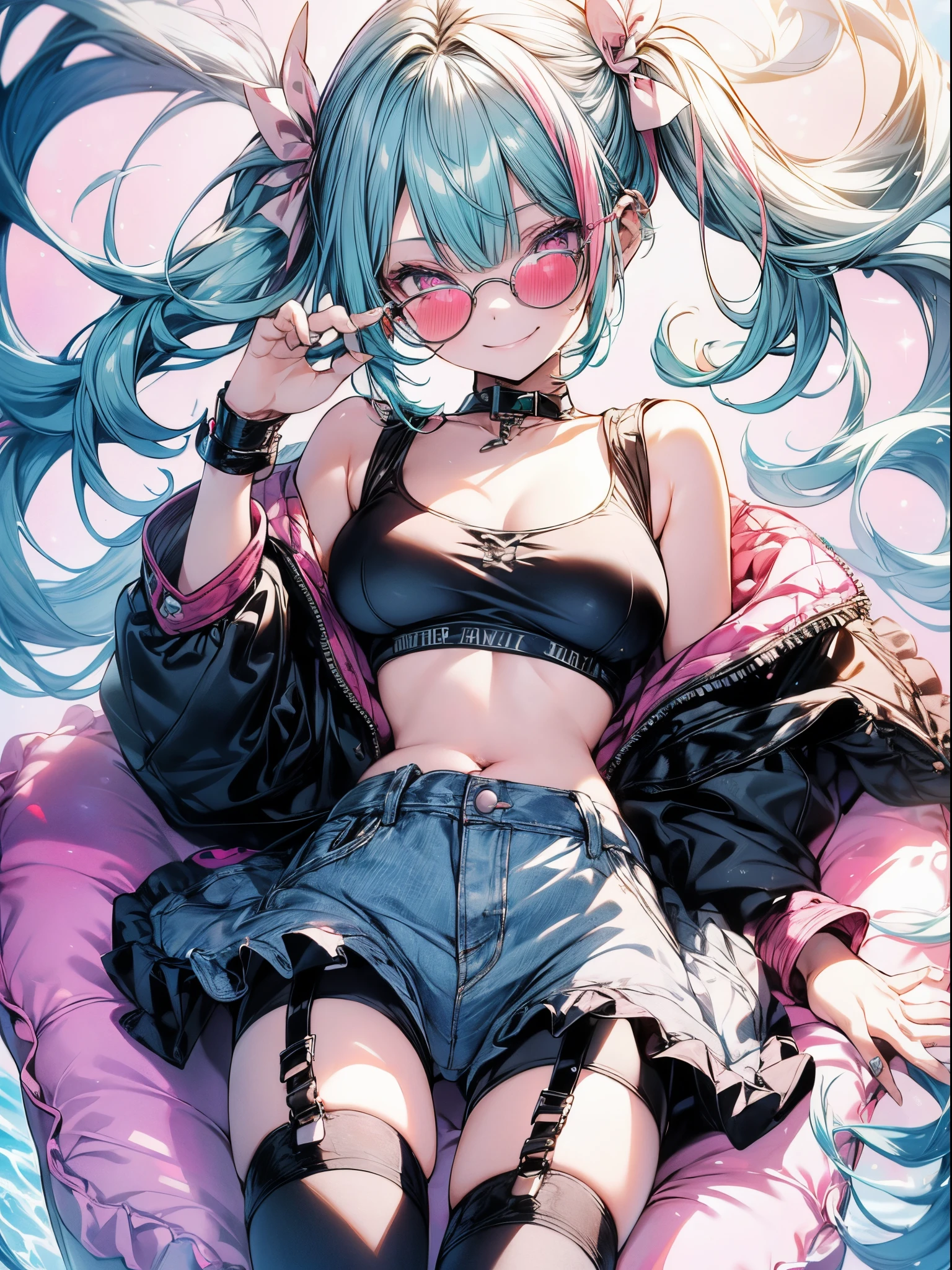 absurderes,Best Quality,Insanely detailed, American Pop Theme ,vibrant colors,1 cute lovely girl,Cute smile,Peace,(short drill twin tails:1.2),(aqua hair,Pink eyes:1.2),(Round sunglasses,Pink Lens :1.2),(Smile with   wink :1.2),croptop,large boob,cleavage,navel stomach,Denim Micro Hot Pants,black and white striped over knee highs,sparkly eyes,Beautiful and detailed eyes,gleaming pale skin,(from above:1.2),put hands on the hip,raise your hands peacefully,(learning forward:1.2),splash,Summer lighting,Cinematic Angel,(,Hyper realistic, Perfect Anatomy, Perfect five fingers