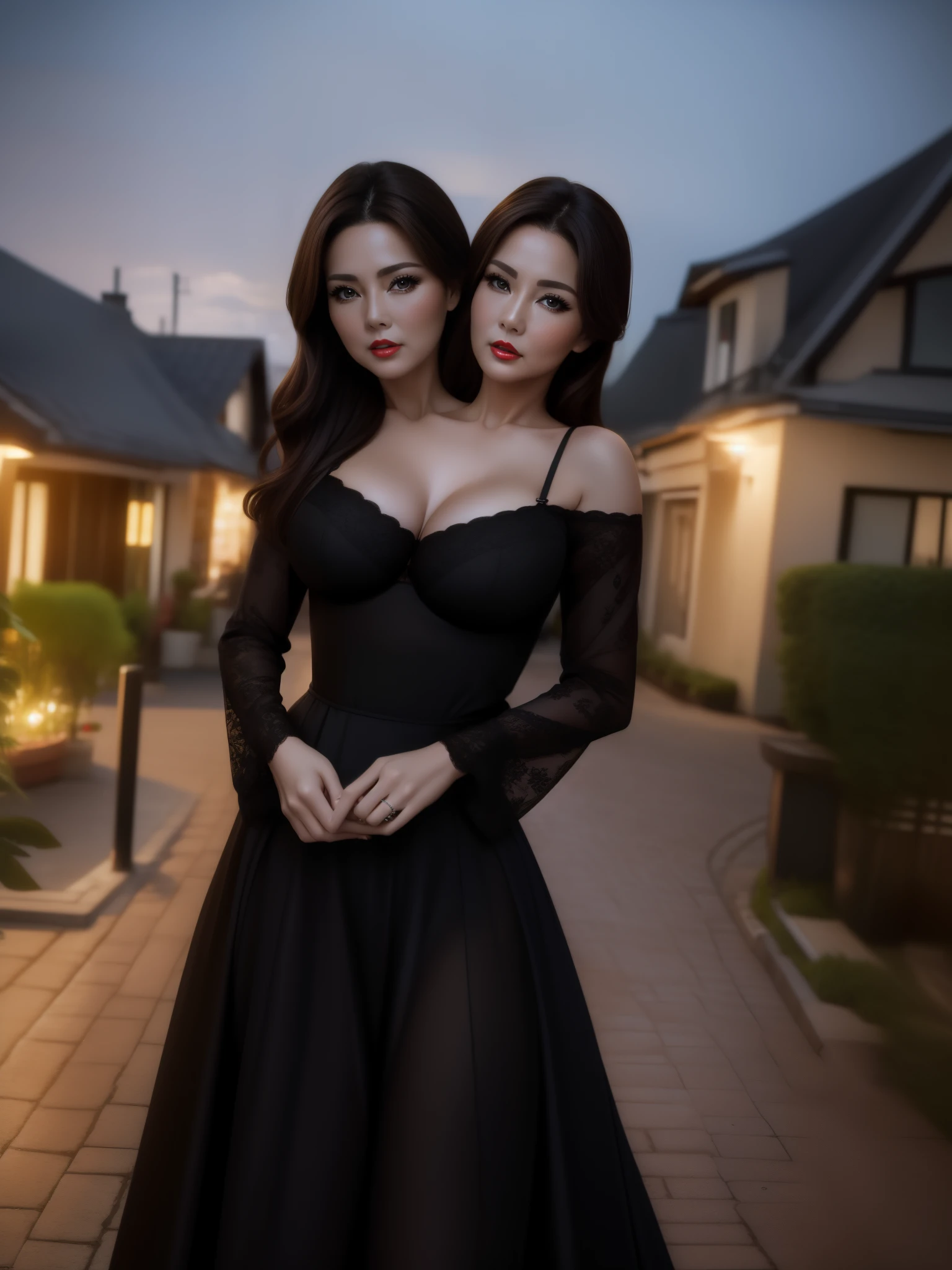 2 heads,Photo of a 50-year-old woman with brown hair, a captivating gaze, Brown eyes, Wrinkles on her face, Black pantyhose,Black High Heel Boots,She wears very sexy lingerie underwear、、Revealing her large sagging breasts, Light makeup and red lips. 32K
