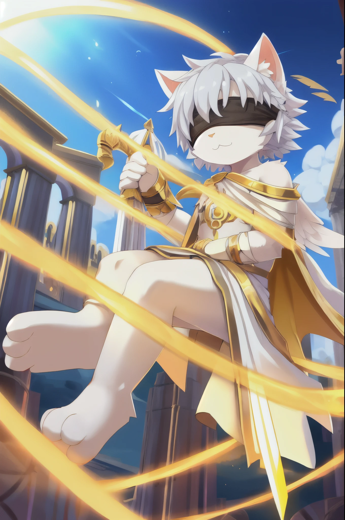 Furry shota, cat, white body fur, spiky hairstyle, silver hair, blindfolded, body bandages, white ancient greek toga, bare shoulder, golden pattern, open clothes, white angel wings, angel, full body, feets whit three toes, :3, detailed body fur, detailed body, detailed face, glistering body, shiny body, clear sky, heaven palace, gorgeous body, masterpiece, high quality, holding a yellow light sword, action pose, divine, light aura, glorius,
