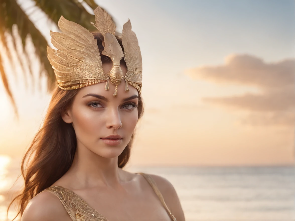 hyper realistic, ultra detailed photograph of an woman with in futuristic headdress inspired by an ancient Egypt queen, Cleopatra, slightly brown skin, snake, gold, silver, stones, scarab beetle, microchips, integrated electric circuits, natural tits, dark hair, ((Jade ocean:1.25)), golden jewelry, golden underwear string, shiny, sunlight fractal details, (Anna Steinbauer:1.5), depth of field, HOF, hall of fame, detailed gorgeous face, beach with a warm sunset, palm trees, warm sun, natural body posture, professional photographer, captured with professional DSLR camera, ((from behind), ((back view)), trending on Artstation, 64k, ultra detailed, ultra accurate detailed, bokeh lighting, surrealism, Thomas Kinkade background, urban, ultra unreal engine, ((Pauline Voß)), ((Pascal Quidault)), ((Anna Helme)), Martina Fackova, intricate, epic, freckles, peach fuzz, detailed mascara, full body