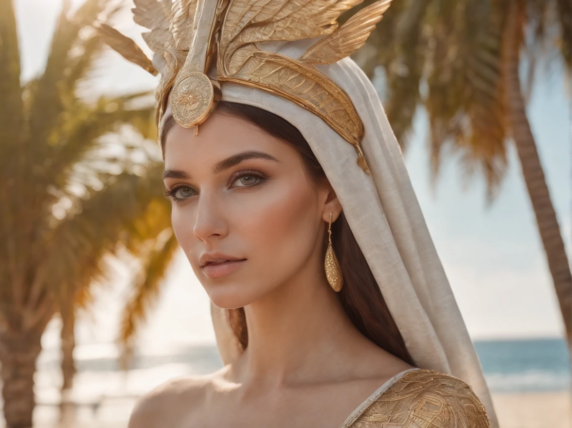 hyper realistic, ultra detailed photograph of an woman with in futuristic headdress inspired by an ancient Egypt queen, Cleopatra, slightly brown skin, snake, gold, silver, stones, scarab beetle, microchips, integrated electric circuits, natural tits, dark hair, ((Jade ocean:1.25)), golden jewelry, golden underwear string, shiny, sunlight fractal details, (Anna Steinbauer:1.5), depth of field, HOF, hall of fame, detailed gorgeous face, beach with a warm sunset, palm trees, warm sun, natural body posture, professional photographer, captured with professional DSLR camera, ((from behind), ((back view)), trending on Artstation, 64k, ultra detailed, ultra accurate detailed, bokeh lighting, surrealism, Thomas Kinkade background, urban, ultra unreal engine, ((Pauline Voß)), ((Pascal Quidault)), ((Anna Helme)), Martina Fackova, intricate, epic, freckles, peach fuzz, detailed mascara, full body