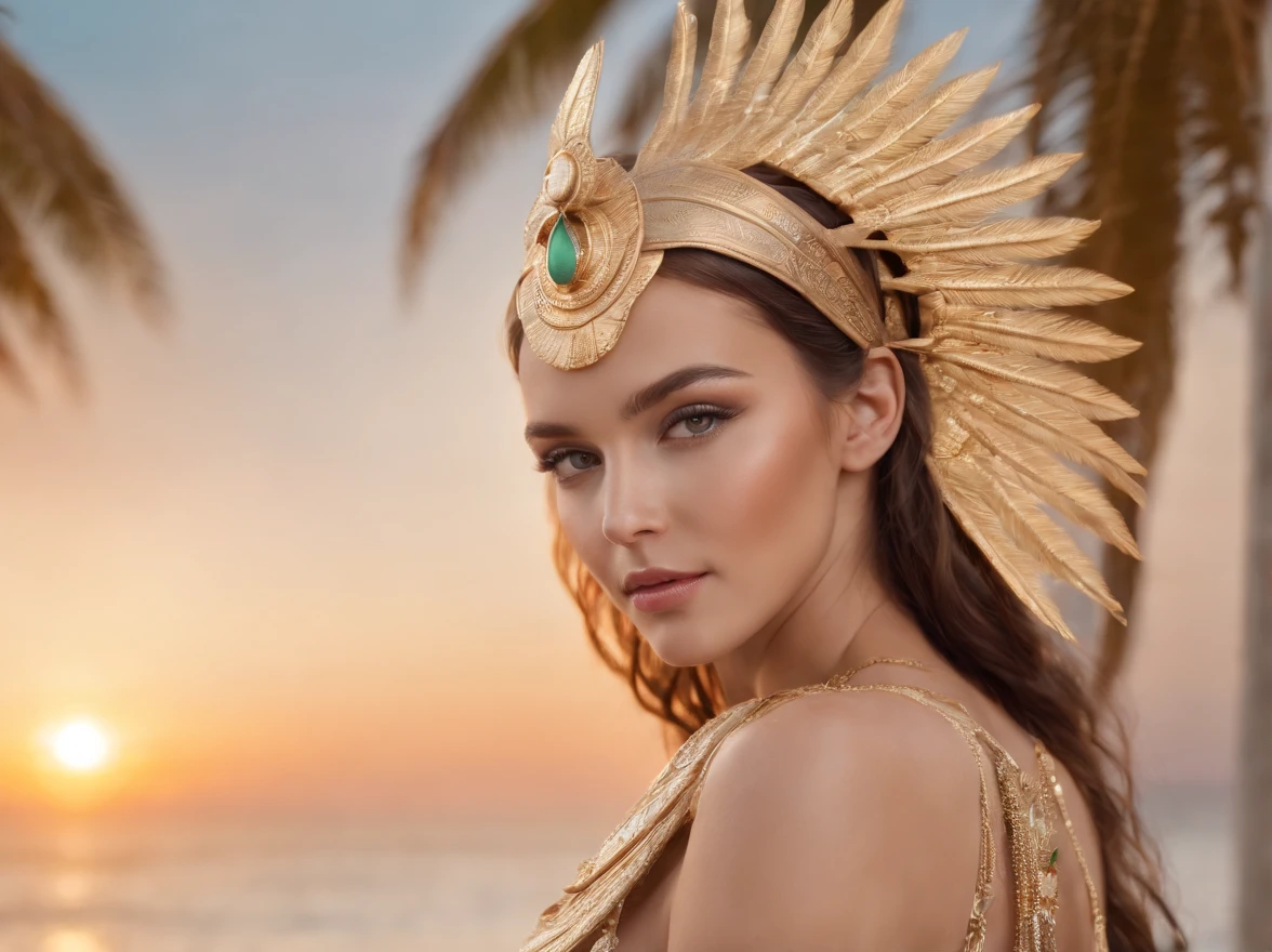 hyper realistic, ultra detailed photograph of an woman with in futuristic headdress inspired by an ancient Egypt queen, Cleopatra, slightly brown skin, snake, gold, silver, stones, scarab beetle, microchips, integrated electric circuits, natural tits, dark hair, ((Jade ocean:1.25)), golden jewelry, golden underwear string, shiny, sunlight fractal details, (Anna Steinbauer:1.5), depth of field, HOF, hall of fame, detailed gorgeous face, beach with a warm sunset, palm trees, warm sun, natural body posture, professional photographer, captured with professional DSLR camera, ((from behind), ((back view)), trending on Artstation, 64k, ultra detailed, ultra accurate detailed, bokeh lighting, surrealism, Thomas Kinkade background, urban, ultra unreal engine, ((Pauline Voß)), ((Pascal Quidault)), ((Anna Helme)), Martina Fackova, intricate, epic, freckles, peach fuzz, detailed mascara, full body