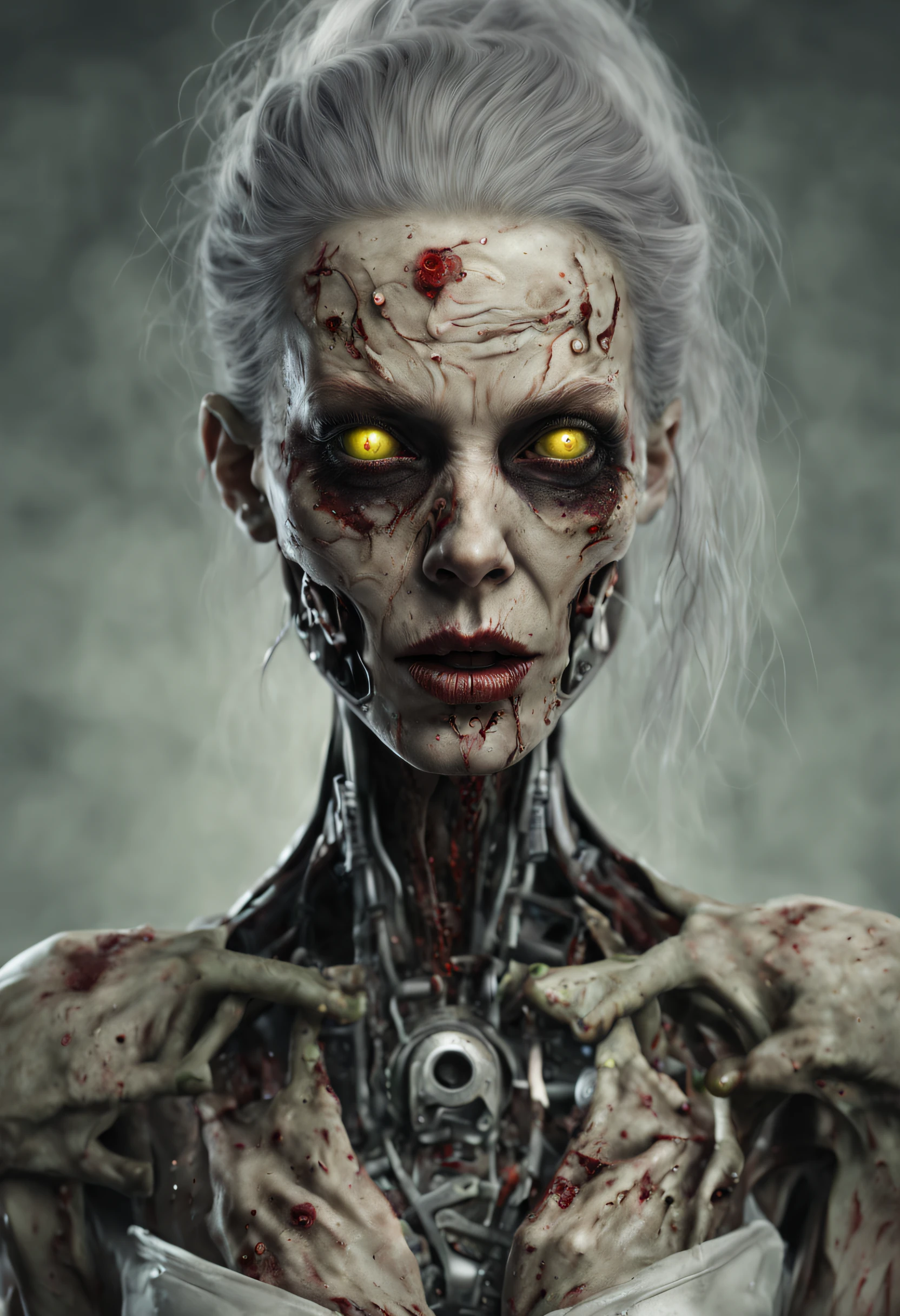 A gorgeous biomechanical zombie realistic woman, highly detailed and textured. It's very realistic and impressive, fantastic color