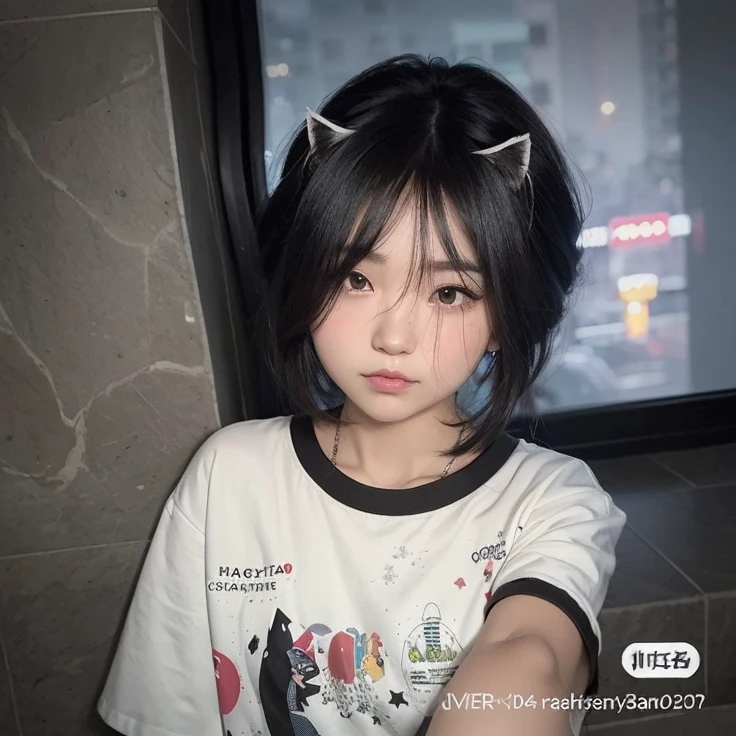 there is a young girl with cat ears and a white shirt, Ulzzang, branco hime corte penteado, com cabelos curtos, ela tem um rosto expressivo bonito, ela tem um rosto bonito, young cute wan asian face, 🤤 retrato da menina, 2263539546], Ela tem cabelo preto com franja, menina bonito-fino-cara