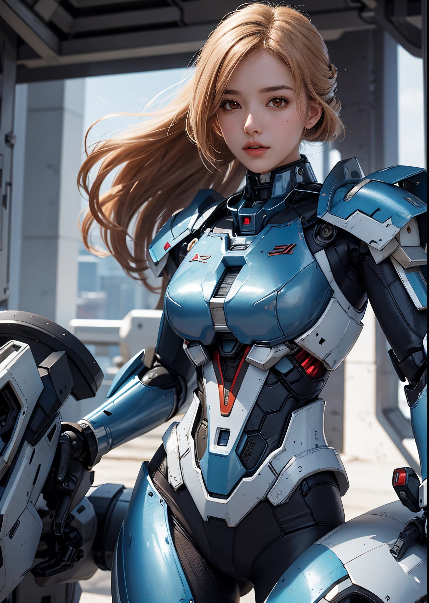 Textured skin, Super Detail, high details, High quality, Best Quality, hight resolution, 1080p, hard disk, Beautiful,(Gundam),beautiful cyborg woman,Mecha Cyborg Girl,Battle Mode,Girl with a blue Mecha Body,She wears a futuristic blue and silver Gundam mecha,Fulll body Shot, strawberry blonde hair in an updo, brown eyes