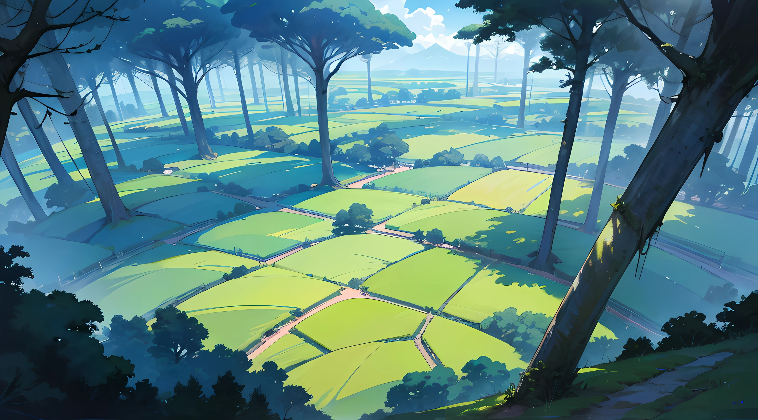 vast rainforest, tall trees, greenery, huge trees, beautiful blue sky, rainy, small running lake, distant view, looking from above, amazing scenery, amazing visuals, beautiful anime artwork, ultrasharp, masterpiece, high res, 8k