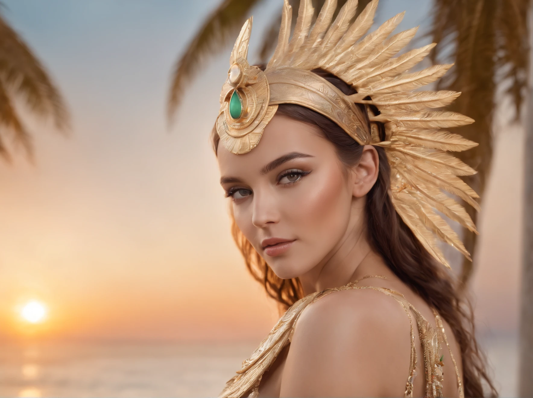 hyper realistic, ultra detailed photograph of an woman with in futuristic headdress inspired by an ancient Egypt queen, Cleopatra, slightly brown skin, snake, gold, silver, stones, scarab beetle, microchips, integrated electric circuits, natural tits, dark hair, ((Jade ocean:1.25)), golden jewelry, golden underwear string, shiny, sunlight fractal details, (Anna Steinbauer:1.5), depth of field, HOF, hall of fame, detailed gorgeous face, beach with a warm sunset, palm trees, warm sun, natural body posture, professional photographer, captured with professional DSLR camera, ((from behind), ((back view)), trending on Artstation, 64k, ultra detailed, ultra accurate detailed, bokeh lighting, surrealism, Thomas Kinkade background, urban, ultra unreal engine, ((Pauline Voß)), ((Pascal Quidault)), ((Anna Helme)), Martina Fackova, intricate, epic, freckles, peach fuzz, detailed mascara, full body