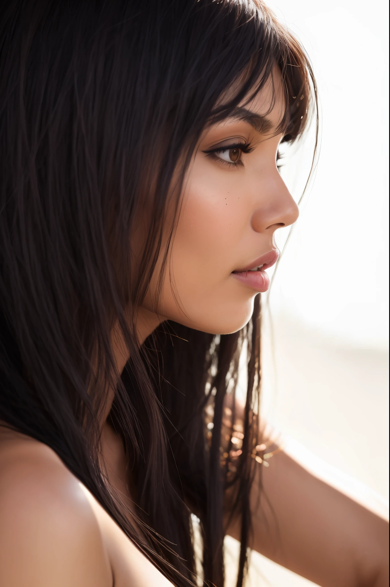 mulher arafada com cabelos longos e sardas no rosto, Janice cantou, Madison Beer como Leeloo, detailed face of a asian girl, Dom Yunjoo, Ela tem cabelo preto com franja, luz suave do lado, rosto bonito retroiluminado, com sardas, Directed by: Kurt Roesch, luz solar intensa, Gemma Chan Retrato da , Tiffany Dover, sardas no nariz