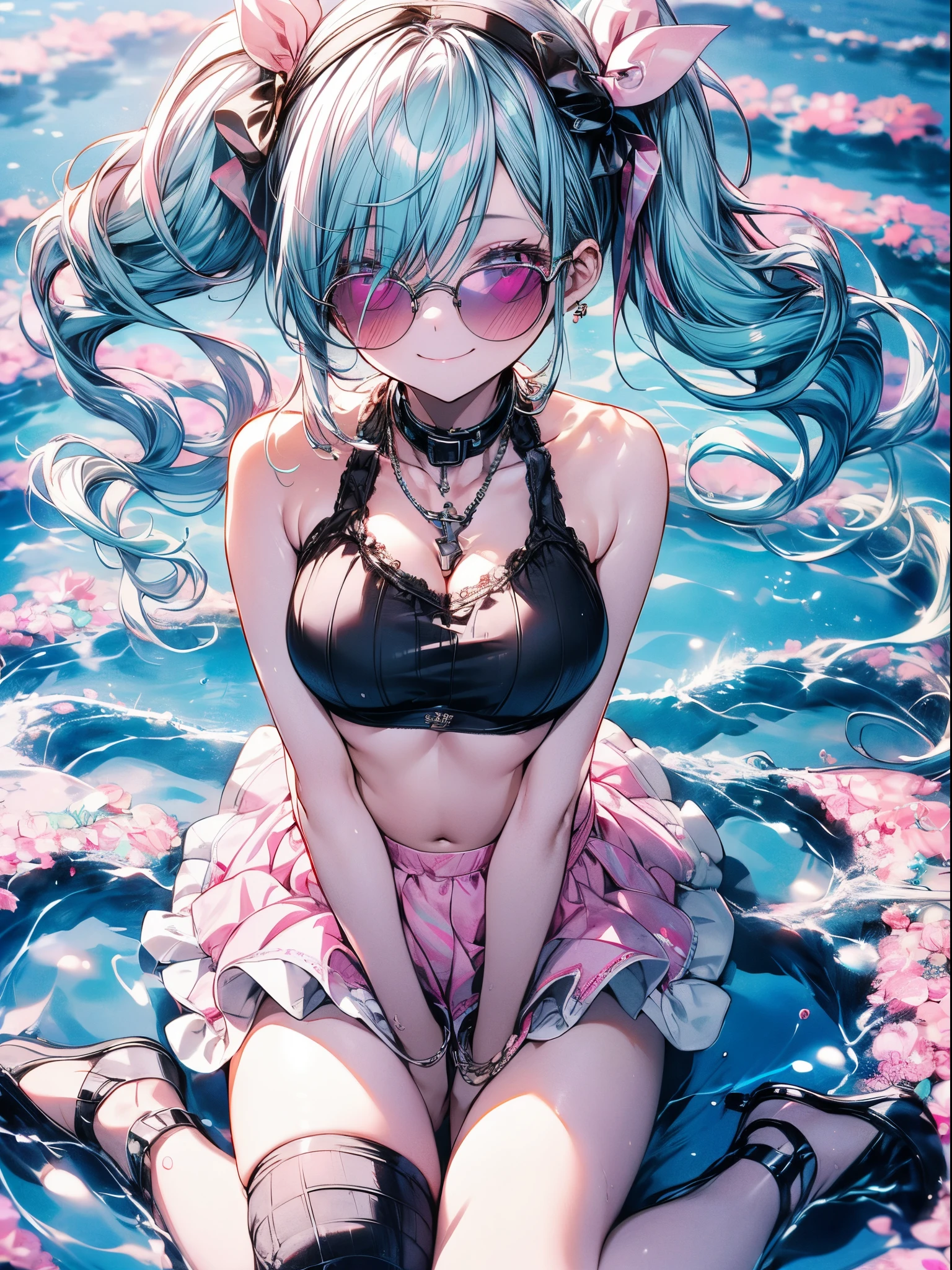 absurderes,Best Quality,Insanely detailed, American Pop Theme ,vibrant colors,1 cute lovely girl,Cute smile,Peace,(short drill twin tails:1.2),(aqua hair,Pink eyes:1.2),(Round sunglasses,Pink Lens :1.2),(Smile with wink :1.2),croptop,large boob,cleavage,navel stomach,Denim Micro Hot Pants,black and white striped over knee highs,sparkly eyes,Beautiful and detailed eyes,gleaming pale skin,(from above:1.2),put hands on the hip,raise your hands peacefully,(learning forward:1.2),splash,Summer lighting,Cinematic Angel,(,Hyper realistic, Perfect Anatomy, Perfect five fingers