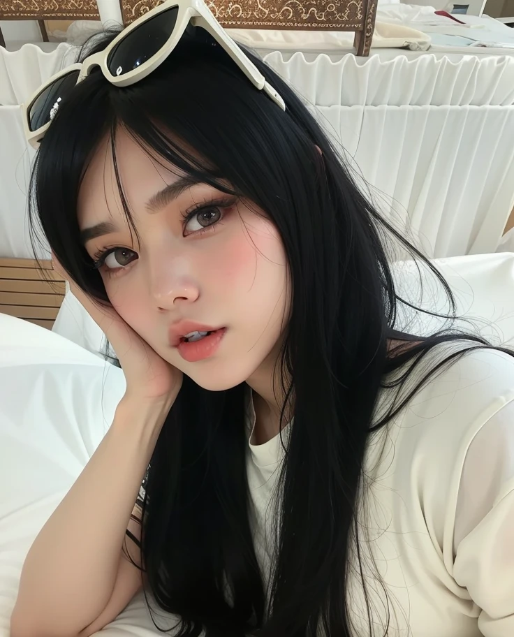 a close up of a woman with long black hair wearing sunglasses, she has black hair with bangs, ulzzang, white hime cut hairstyle, beautiful south korean woman, long black hair with bangs, long dark hair with bangs, gorgeous young korean woman, korean girl, whitebangsblackhair, black hime cut hair, beautiful young korean woman, black hair and white bangs