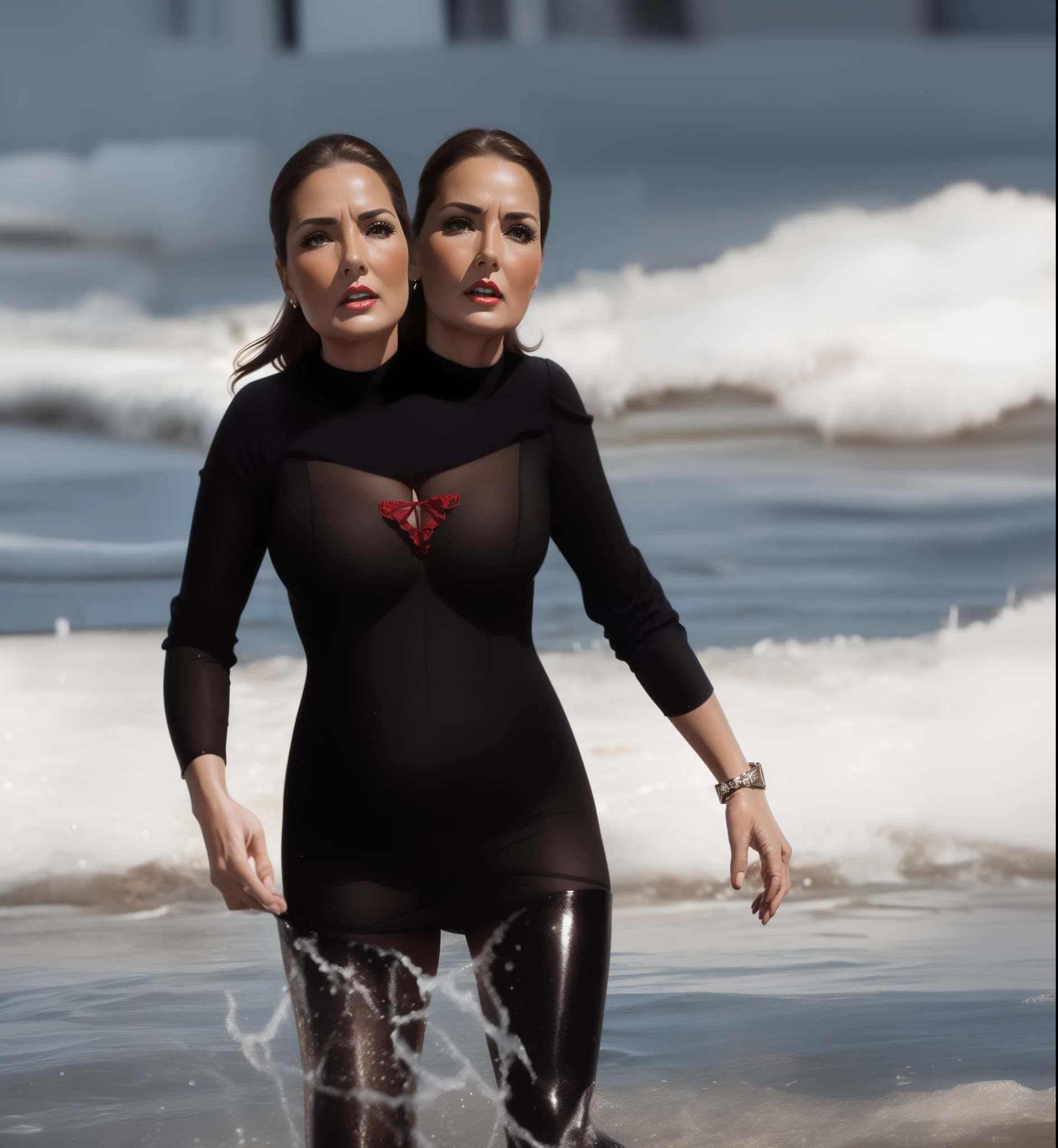 2 heads,Photo of a 50-year-old woman with brown hair, a captivating gaze, Brown eyes, Wrinkles on her face, Black pantyhose,Black High Heel Boots,She wears very sexy lingerie underwear、、Revealing her large sagging breasts, Light makeup and red lips. 32K