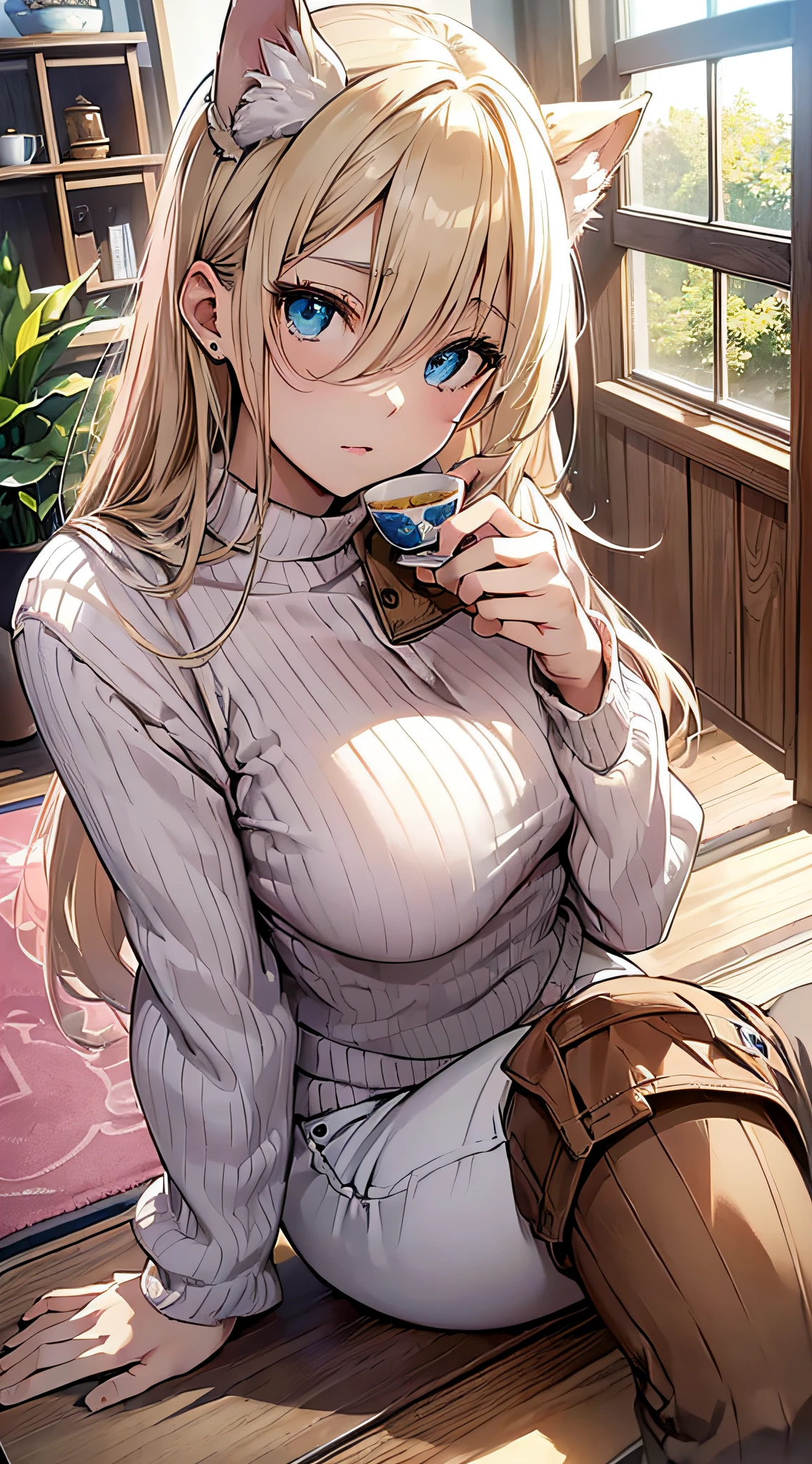 top-quality、Top image quality、masterpiece、girl with((18year old、Best Bust、big bast,Beautiful blue eyes、Breasts wide open, a blond、A slender,Large valleys、White sweater with open chest、White pants、hold a teacup with both hands))hiquality、Beautiful Art、Background with((Nice and clean room.、pink floor mat、Wooden table、Stylish bed)))、,masutepiece、visualart、depth of fields、