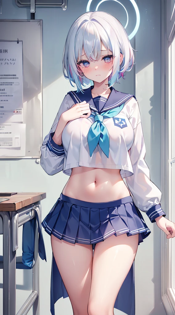 , (Masterpiece, Slim Body, Delicate Fingers: 1.2), Best Quality, (Illustration: 1.2), (Hyper Detail), Eye Focus, Ultra Detail, (Fine Detail), (Intricate Detail), HDR, (Ultra Detail: 1.15), (Soft Light: 1.2), (1 girls), Inside the classroom, Wear, ((School_uniform), (sailor_suit), (mini_skirt), (short_blue_pleated_skirt), long sleeve shirt, (blushing:1.3), (White hair and blue highlights),cyan eyes, ager, embarrassed face, medium, short hair, solo, multicolored hair, ahoge, huge breasts, mismatched pupils, multicolored eyes, high quality, best quality, full body image, (Navel Ejection:1.5)
