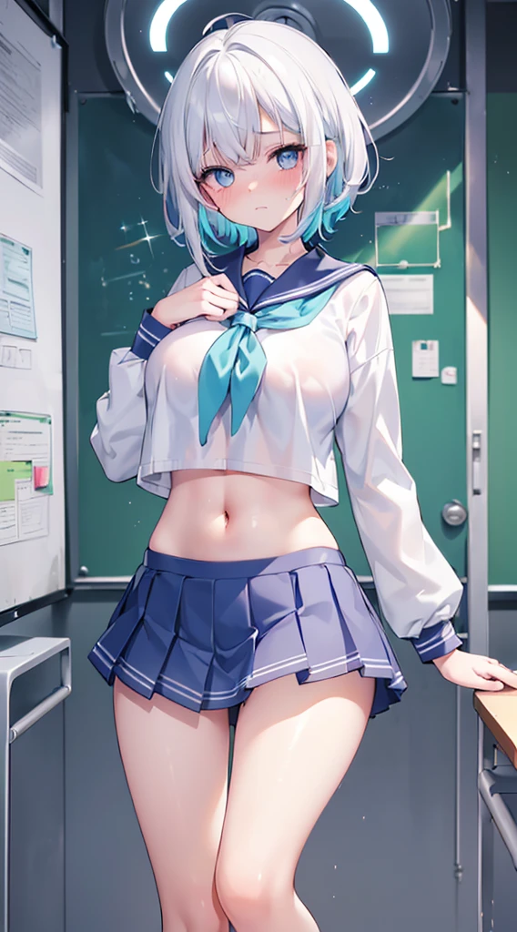 , (Masterpiece, Slim Body, Delicate Fingers: 1.2), Best Quality, (Illustration: 1.2), (Hyper Detail), Eye Focus, Ultra Detail, (Fine Detail), (Intricate Detail), HDR, (Ultra Detail: 1.15), (Soft Light: 1.2), (1 girls), Inside the classroom, Wear, ((School_uniform), (sailor_suit), (mini_skirt), (short_blue_pleated_skirt), long sleeve shirt, (blushing:1.3), (White hair and blue highlights),cyan eyes, ager, embarrassed face, medium, short hair, solo, multicolored hair, ahoge, huge breasts, mismatched pupils, multicolored eyes, high quality, best quality, full body image, (Navel Ejection:1.5)