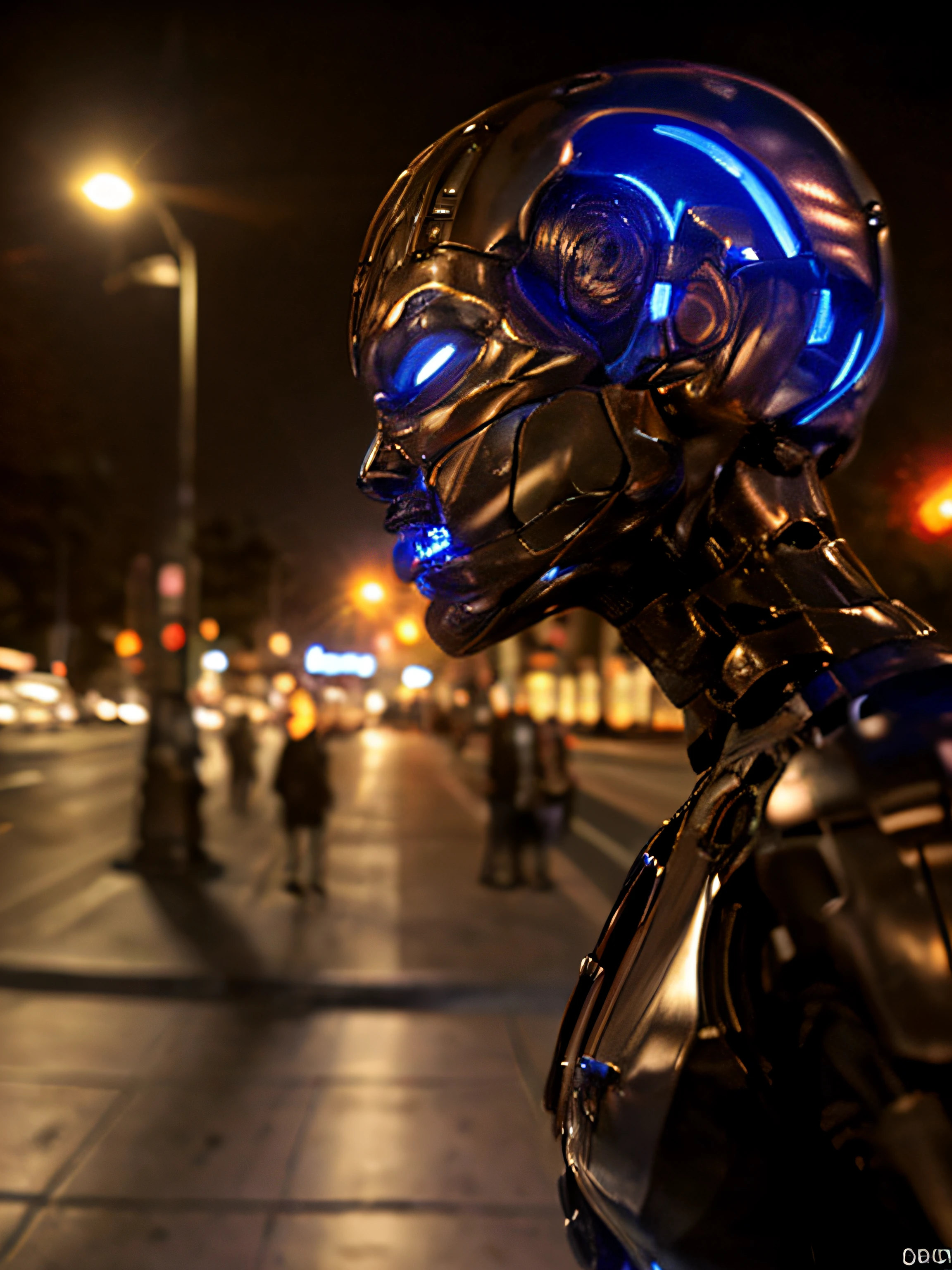 realistic lighting, night time, T-X endoskeleton, ultra realistic, very high quality, endoskeleton, (T-X Endoskeleton:1.2), T-X in a los angeles street, crowded street, detailed T-X, ultrarealistic T-X, photorealistic, (deep focus:1.0), very detailed, sharp details, detailed environment, ultra HD, 8K