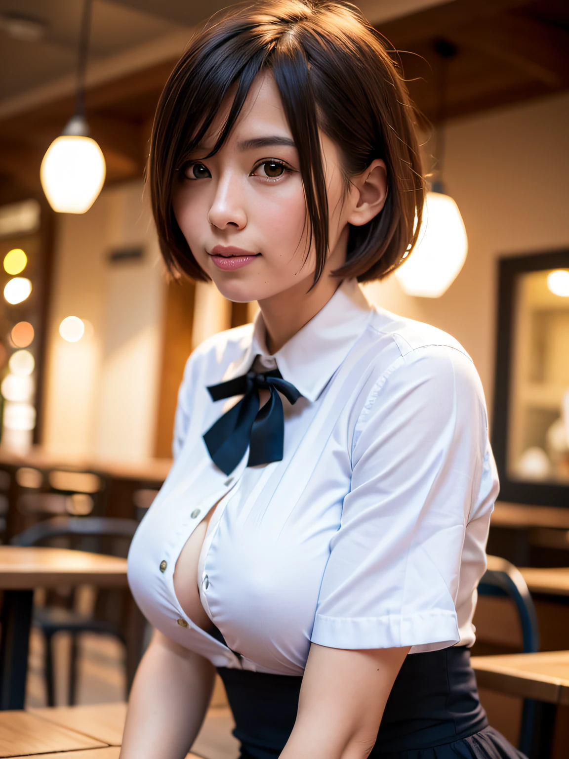 (8k, RAW photo, best quality, masterpiece:1.2), (realistic, photo-realistic:1.37), ultra-detailed,
1 girl,cute, solo,beautiful detailed sky,detailed cafe,night,sitting,dating,(nose blush),(smile:1.1),(closed mouth),large breasts, seductive smile, large aparture, professional lighting, Sony A7R4, Zessie 50mm F1.8,
medium breasts,beautiful detailed eyes,(collared shirt:1.1), bowtie,pleated skirt,(short hair:1.2),floating hair