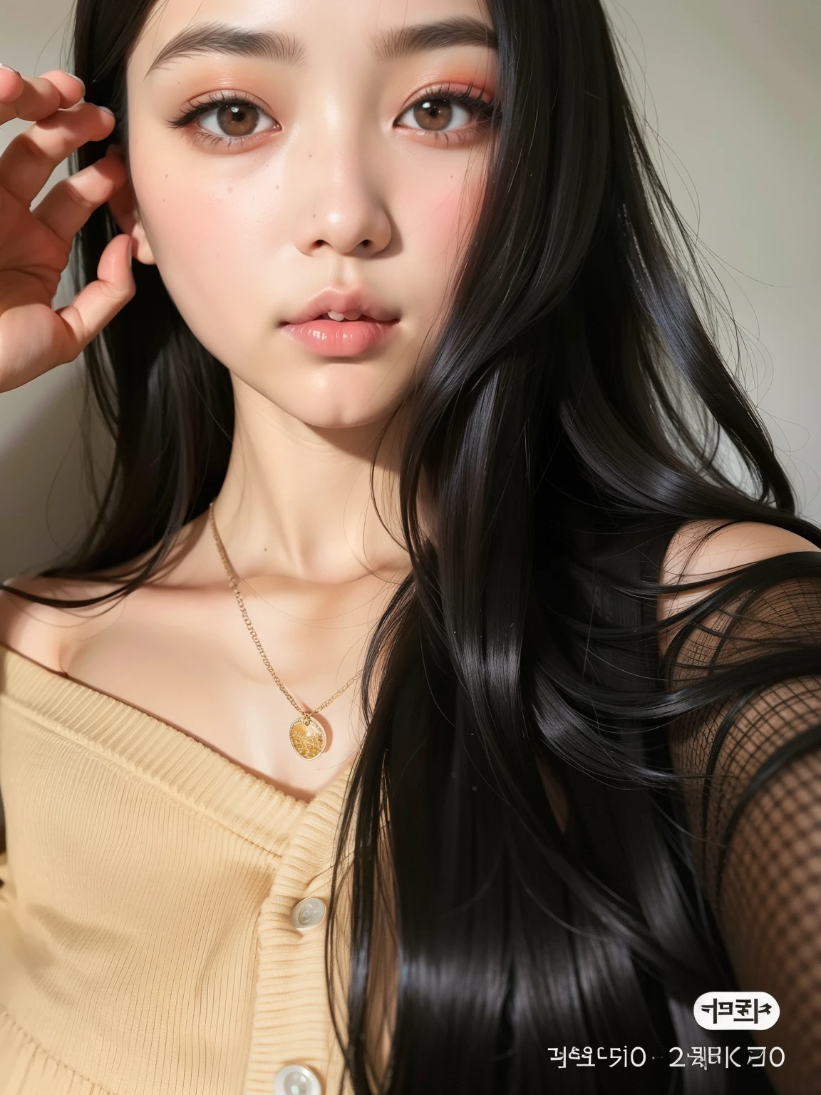 there is a woman with long black hair holding a chocolate cake, Ulzzang, menina coreana, pale fair skin!!, menina bonito-fino-cara, Beautiful Asian girl, young cute wan asian face, Asian girl with long hair, cruel korean goth girl, 🤤 retrato da menina, Asian girl, pale glowing skin, young adorable korean face, beautiful aesthetic face