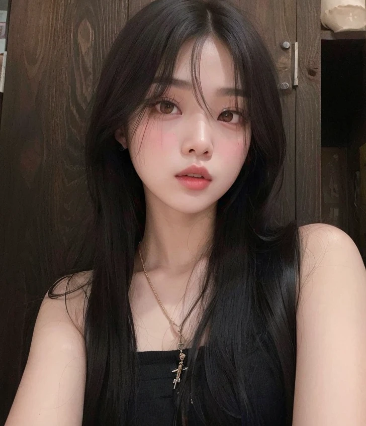 Asian woman with long black hair and a necklace, cruel korean goth girl, ulzzang, Chica coreana, con cabello largo y ojos penetrantes, Xision Wu, Asian girl with long hair, Hermosa mujer surcoreana, con cabello lacio, Hermosa joven coreana, Asian girl, 18 years old, con coletas negras, con el pelo largo