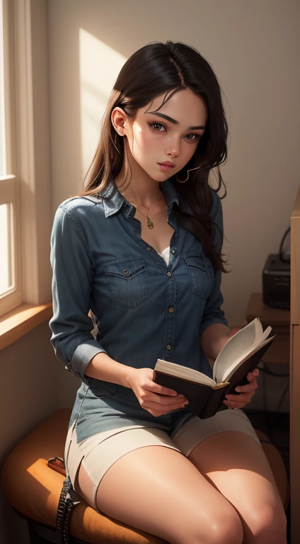 Portrait of beautiful girl， sit on a bed， （full bodyesbian））， （Earphone）， reading book， concept-art， （pupils）， pinterest， art  stations， Art by Lou Ll，Exquisite and perfect facial features，Lots of detail