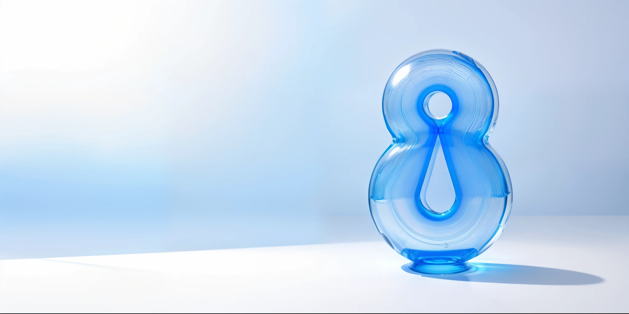 Transparent blue transparent glass surface，cleanness, blue, light gray clean background, Vray tracking, organic form, symetrical composition, Industrial and product design