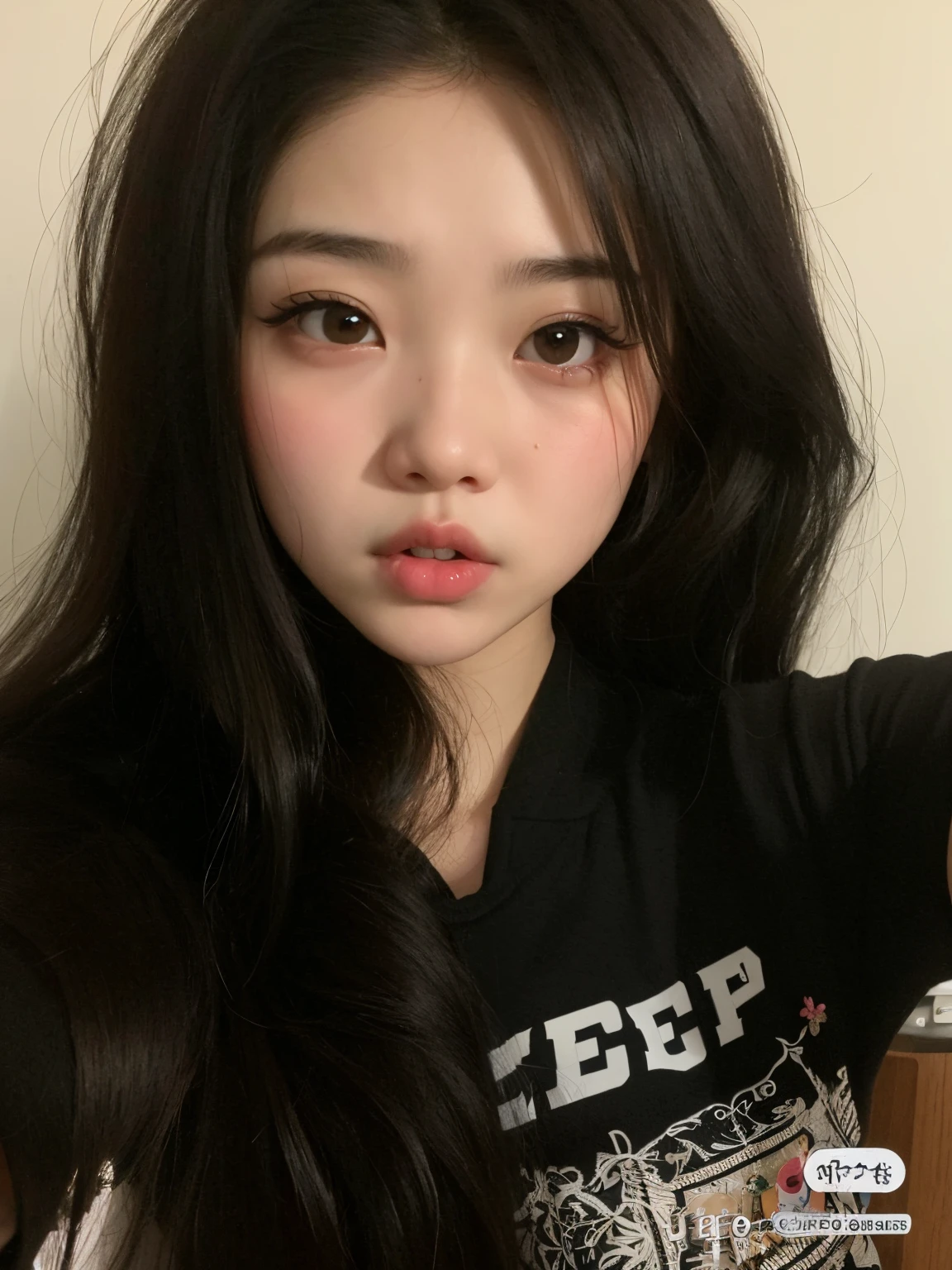 um close up de uma mulher com cabelos longos e uma camisa preta, young cute wan asian face, young adorable korean face, Asian face, pale round face, coreana, wan adorable korean face, south east asian with round face, Ulzzang, korean symmetrical face, cruel korean goth girl, meninao-fino-cara, small heart - shaped face