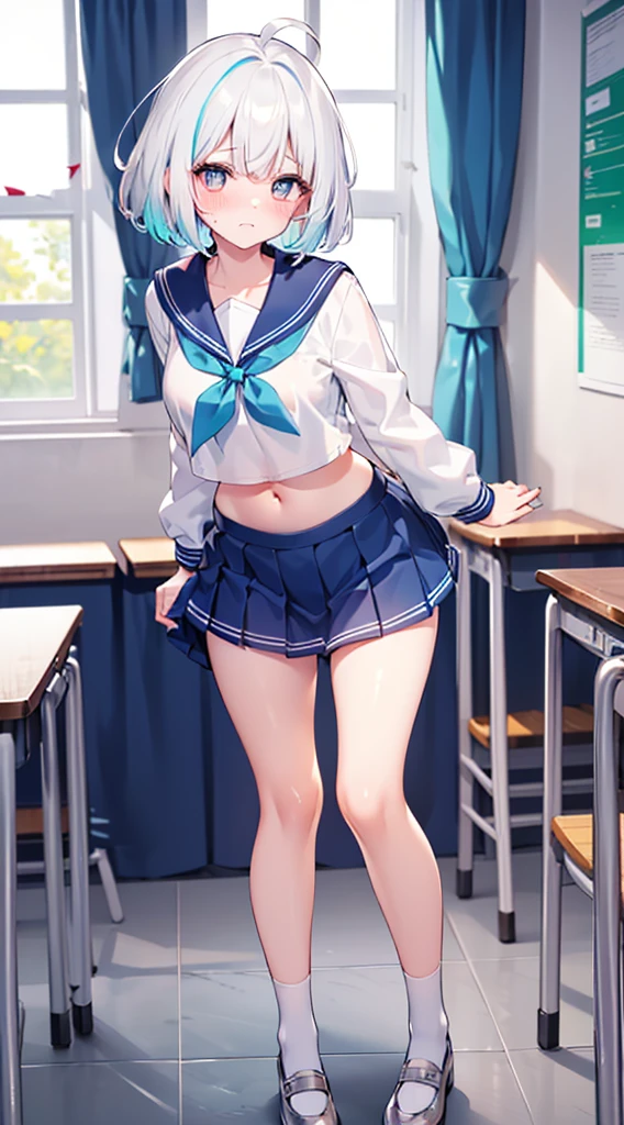 , (Masterpiece, Slim Body, Delicate Fingers: 1.2), Best Quality, (Illustration: 1.2), (Hyper Detail), Eye Focus, Ultra Detail, (Fine Detail), (Intricate Detail), HDR, (Ultra Detail: 1.15), (Soft Light: 1.2), (1 girls), Inside the classroom, Wear, ((School_uniform), (sailor_suit), (mini_skirt), (short_blue_pleated_skirt), long sleeve shirt, (blushing:1.3), (White hair and blue highlights),cyan eyes, teenager, embarrassed face, medium, short hair, solo, multicolored hair, ahoge, flats breasts, mismatched pupils, multicolored eyes, high quality, best quality, full body image, (Navel Ejection:1.5)