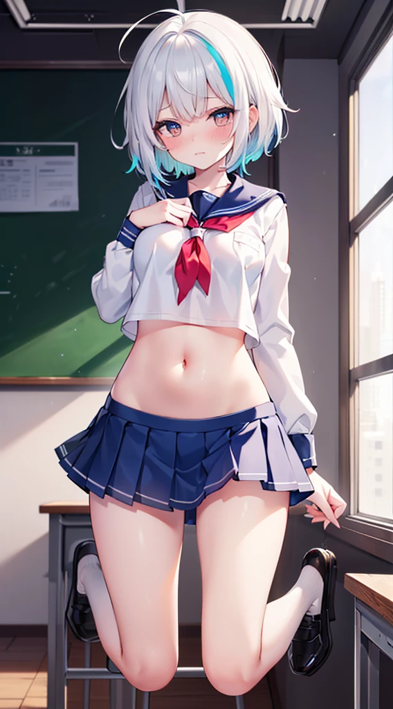 , (Masterpiece, Slim Body, Delicate Fingers: 1.2), Best Quality, (Illustration: 1.2), (Hyper Detail), Eye Focus, Ultra Detail, (Fine Detail), (Intricate Detail), HDR, (Ultra Detail: 1.15), (Soft Light: 1.2), (1 girls), Inside the classroom, Wear, ((School_uniform), (sailor_suit), (mini_skirt), (short_blue_pleated_skirt), long sleeve shirt, (blushing:1.3), (White hair and blue highlights),cyan eyes, ager, embarrassed face, medium, short hair, solo, multicolored hair, ahoge, flats breasts, mismatched pupils, multicolored eyes, high quality, best quality, full body image, (Navel Ejection:1.5)