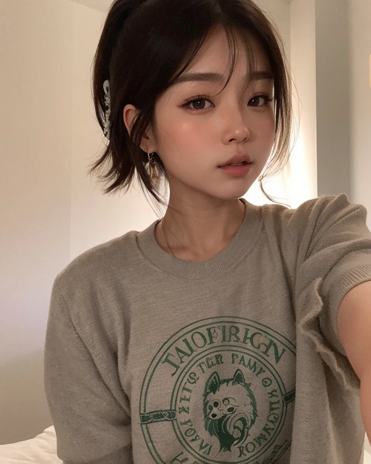 arafed asian girl with a grey shirt and a ponytail, ulzzang, korean girl, young cute wan asian face, young adorable korean face, wan adorable korean face, with short hair, heonhwa choe, girl cute-fine-face, with round face, jinyoung shin, young asian girl, jaeyeon nam, beautiful asian girl