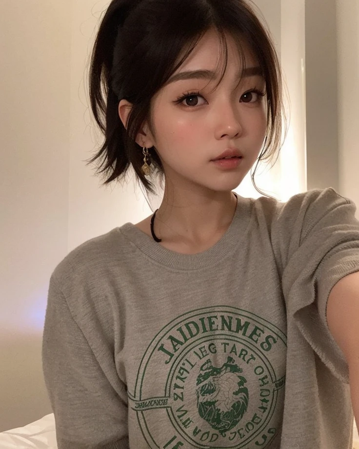 arafed asian girl with a grey shirt and a ponytail, ulzzang, korean girl, young cute wan asian face, young adorable korean face, wan adorable korean face, with short hair, heonhwa choe, girl cute-fine-face, with round face, jinyoung shin, young asian girl, jaeyeon nam, beautiful asian girl