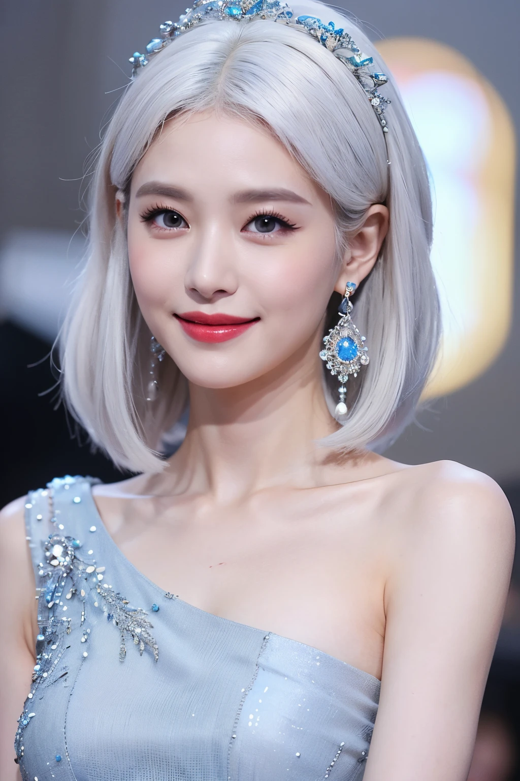 (extra detailed body、extra detailed face、best qualtiy:1.2)、femele、looking at the viewers、(White hair、a blue dress、Fancy accessories、makeups、A smile)、