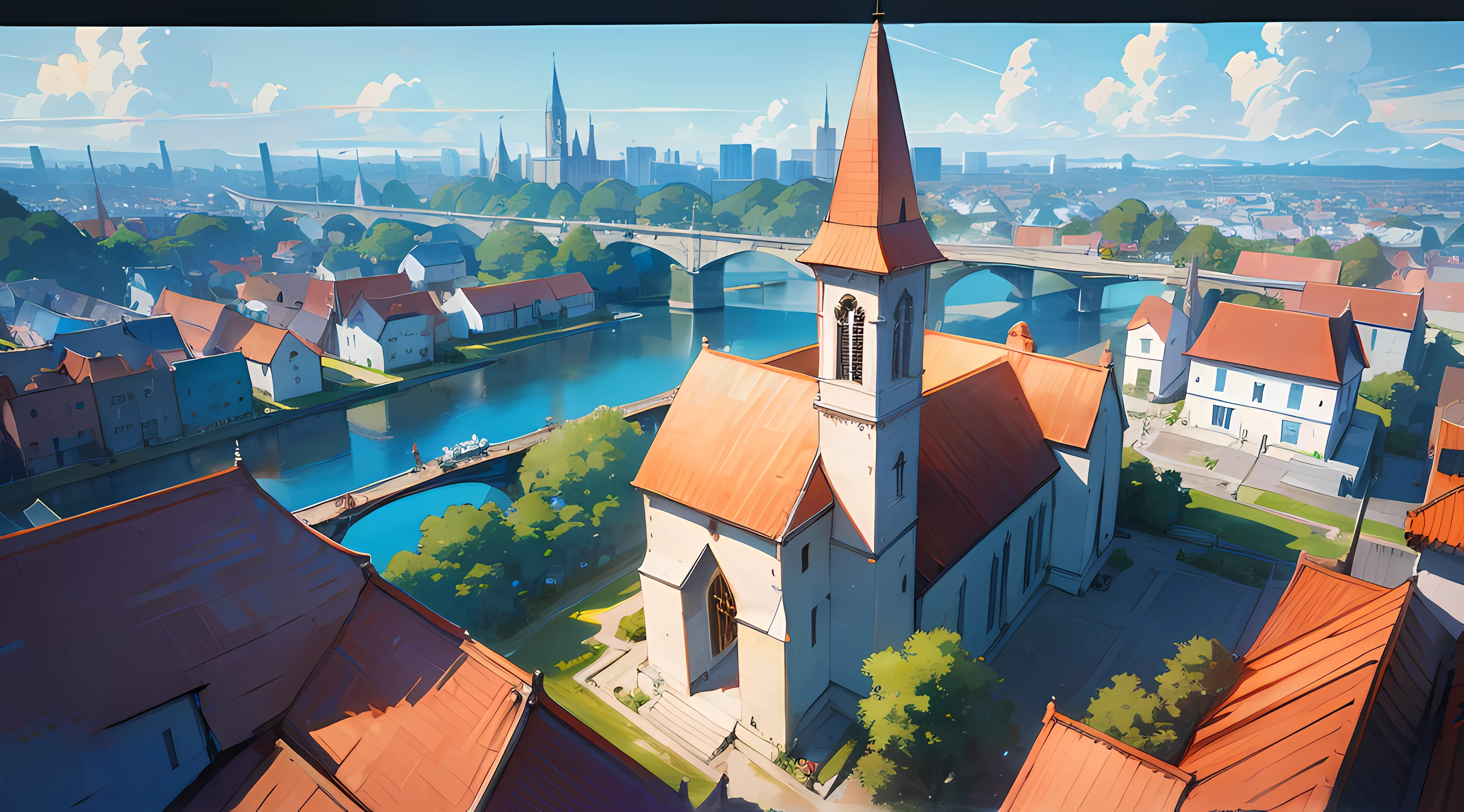 big city, tall buildings in the background, small river, huge church, beautiful blue sky, beautiful sunlight, distant view, looking from above, colorful anime artwork, amazing scenery, amazing visuals, beautiful anime artwork, ultrasharp, masterpiece, high res, 8k