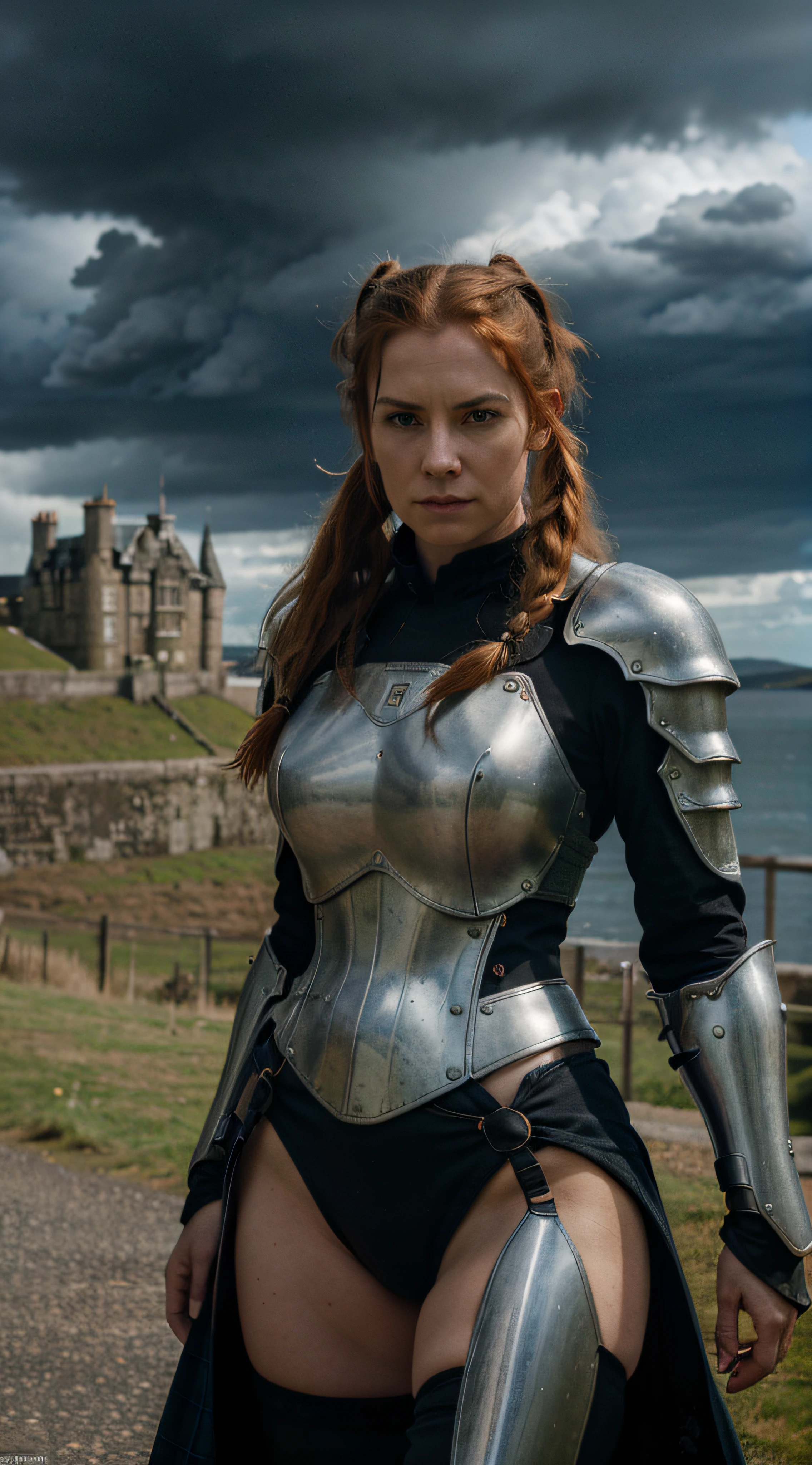 Beautiful 40 years old Scotish woman, dynamic pose, full medieval armor, RAW photo, dynamic pose, long ginger hair, pigtails, high detail face, direct look, high detail hands, high detail eyes, ultrarealistic, full posture photo, Nikon, dark shot, ultra detail, 4K cinematic, storm clouds, angry face, proud, flag of Scotland in the background, Scottish castle in the background