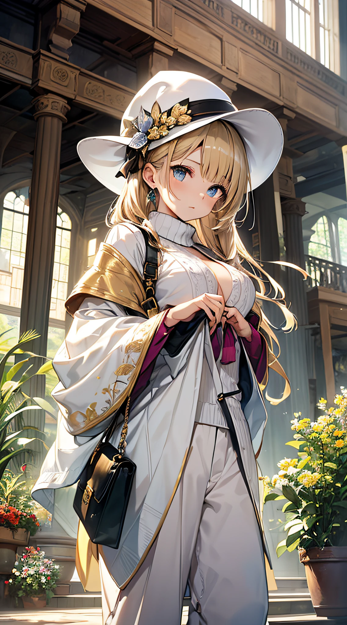 top-quality、Top image quality、masterpiece、girl with((18year old、Best Bust、big bast,Beautiful blue eyes、Breasts wide open, a blond、A slender,Large valleys、White sweater with open chest、White pants、blanket hat、Shoulder Bag))hiquality、Beautiful Art、Background with((entranceway、Beautiful windows、shoe shelf、Aroma oil、)))、,masutepiece、visualart、depth of fields、
