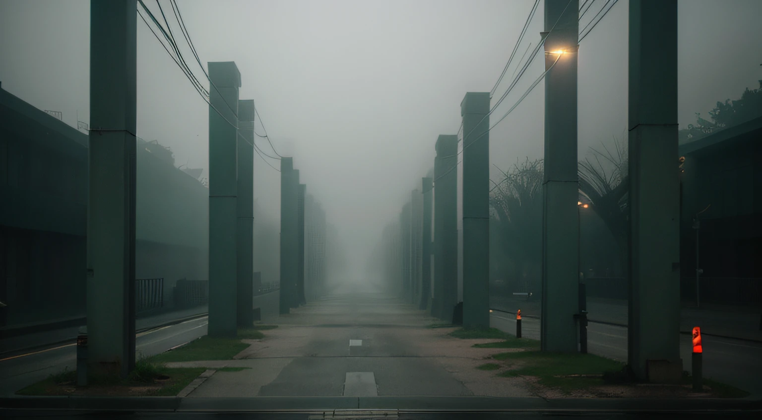 foggy urban dark ambience, foggy image, 4k, green overexposed photo,