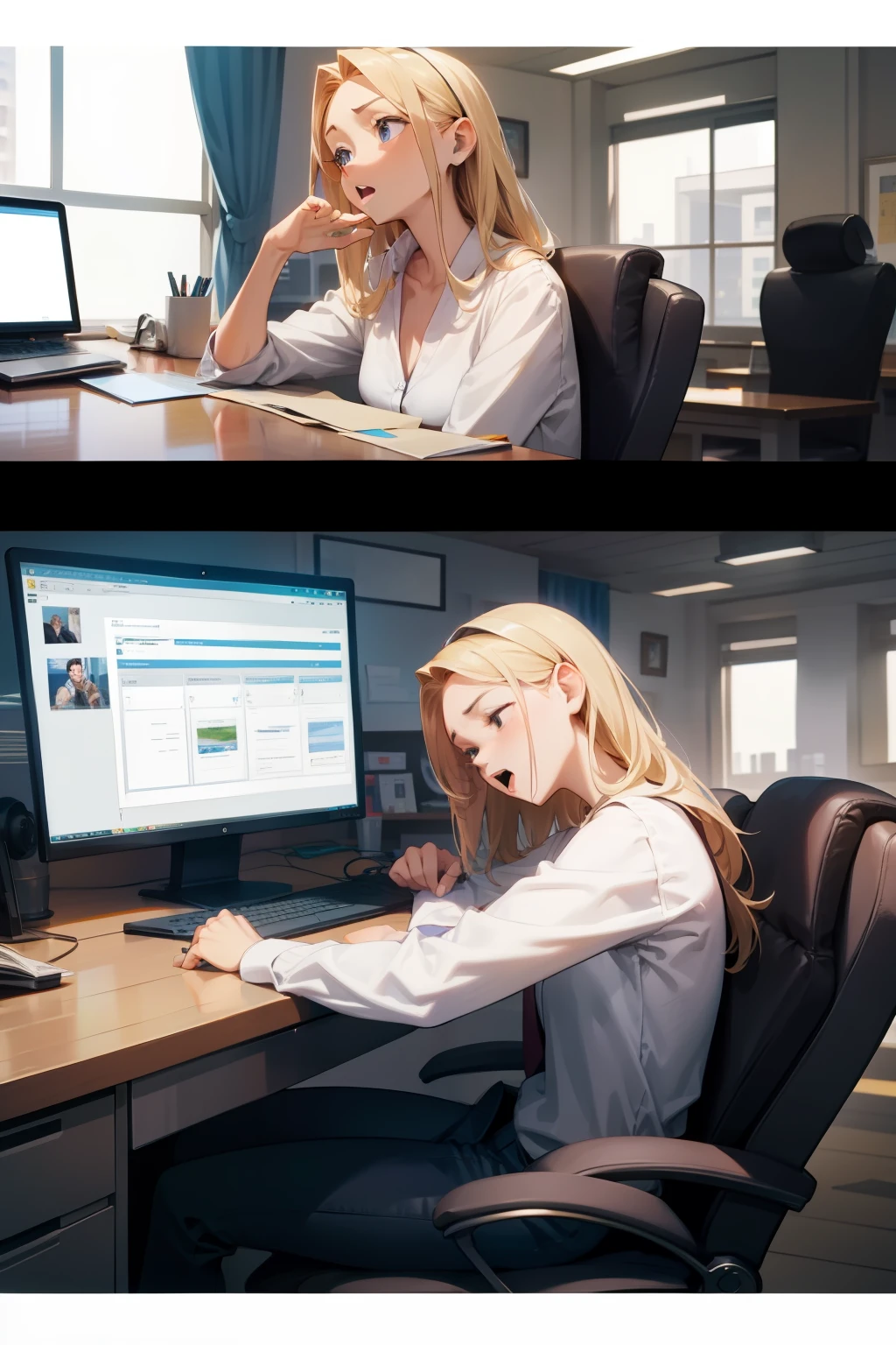tired, working at a computer, working hard, yawning