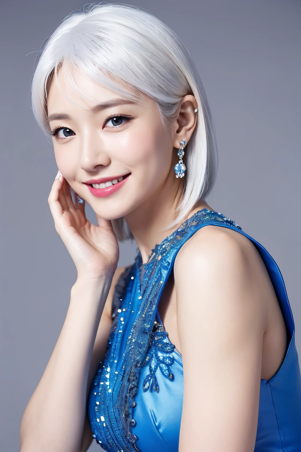 (extra detailed body、extra detailed face、best qualtiy:1.2)、femele、looking at the viewers、(White hair、a blue dress、Fancy accessories、makeups、A smile)、